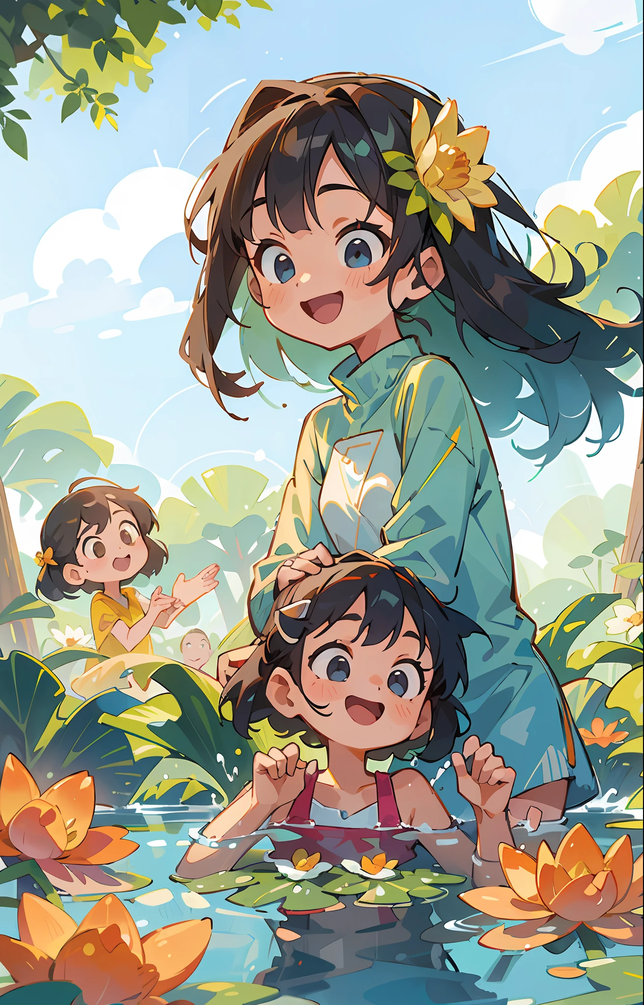 (Masterpiece, best quality), 3 girls playing in the water, smiling, fine facial features, splashes, swimsuits, lake full of flowers, lotuses, clouds, sun, clean blue sky, having fun, summer