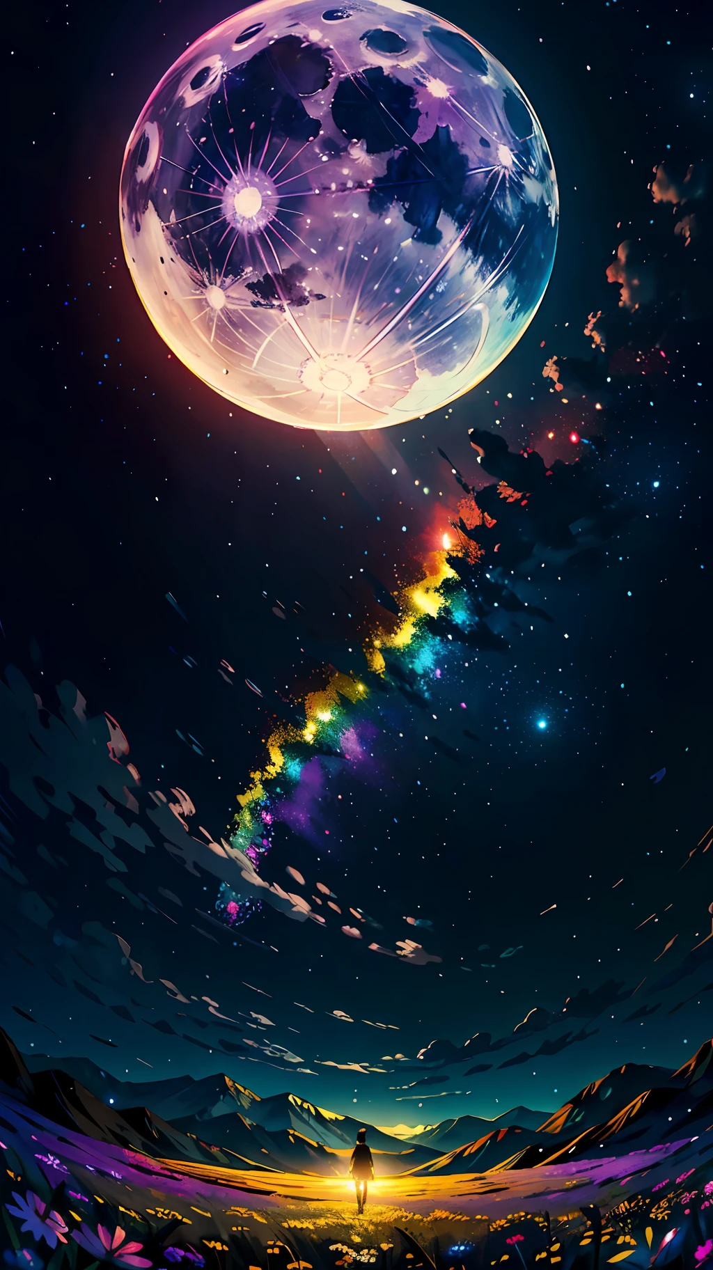 A wide landscape photo, (viewed from below, the sky is above, and the open field is below), a girl standing on a flower field looking up, (full moon: 1.2), (meteor: 0.9), (nebula: 1.3), distant mountains , Trees BREAK Crafting Art, (Warm Light: 1.2), (Firefly: 1.2), Lights, Lots of Purple and Orange, Intricate Details, Volumetric Lighting BREAK (Masterpiece: 1.2), (Best Quality), 4k, Ultra Detailed, (Dynamic Composition: 1.4), Rich in Detail and Color, (Rainbow Color: 1.2), (Glow, Atmospheric Lighting), Dreamy, Magical, (Solo: 1.2)