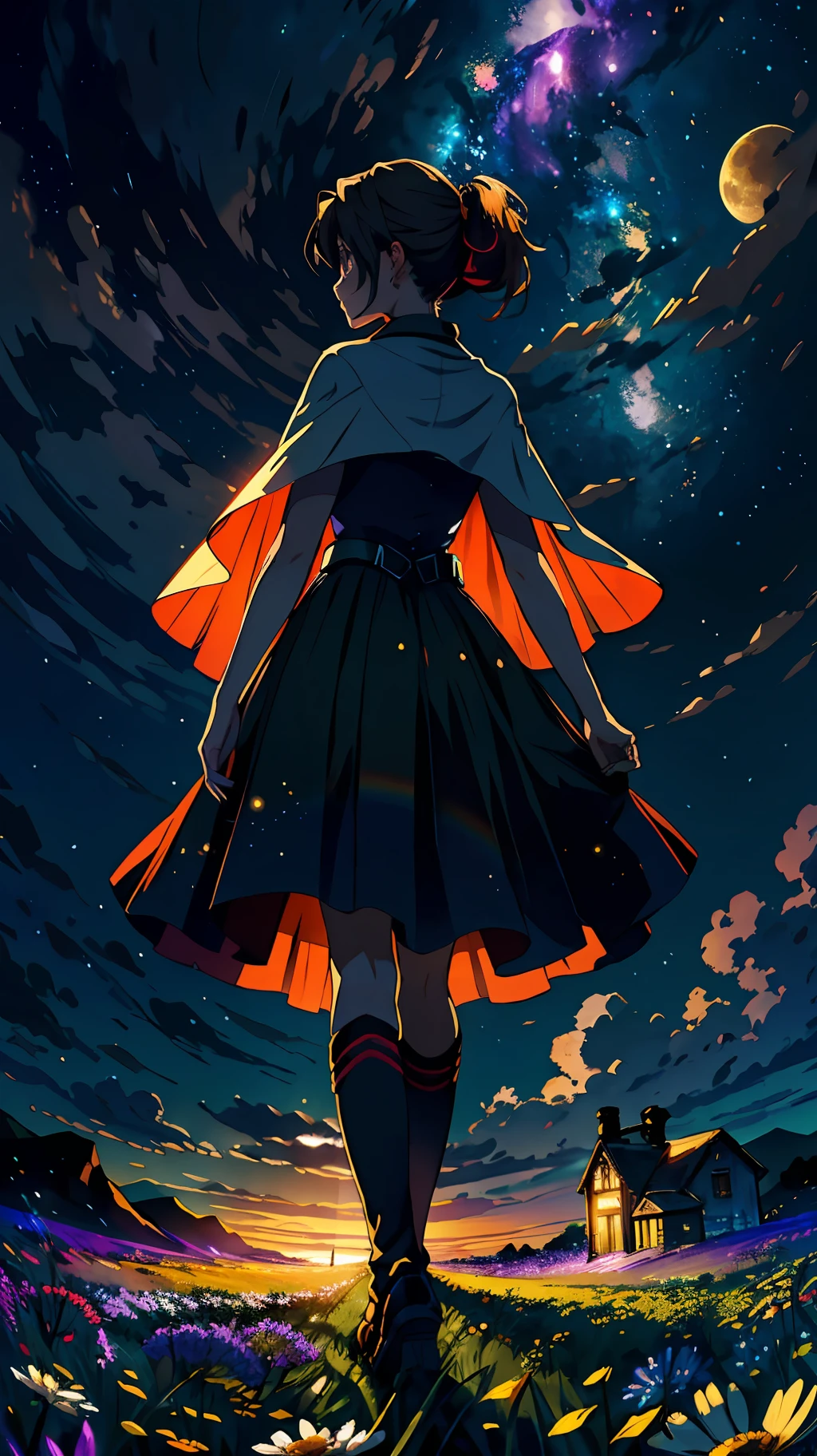 A wide landscape photo, (viewed from below, the sky is above, and the open field is below), a girl standing on a flower field looking up, (full moon: 1.2), (meteor: 0.9), (nebula: 1.3), distant mountains , Trees BREAK Crafting Art, (Warm Light: 1.2), (Firefly: 1.2), Lights, Lots of Purple and Orange, Intricate Details, Volumetric Lighting BREAK (Masterpiece: 1.2), (Best Quality), 4k, Ultra Detailed, (Dynamic Composition: 1.4), Rich in Detail and Color, (Rainbow Color: 1.2), (Glow, Atmospheric Lighting), Dreamy, Magical, (Solo: 1.2)