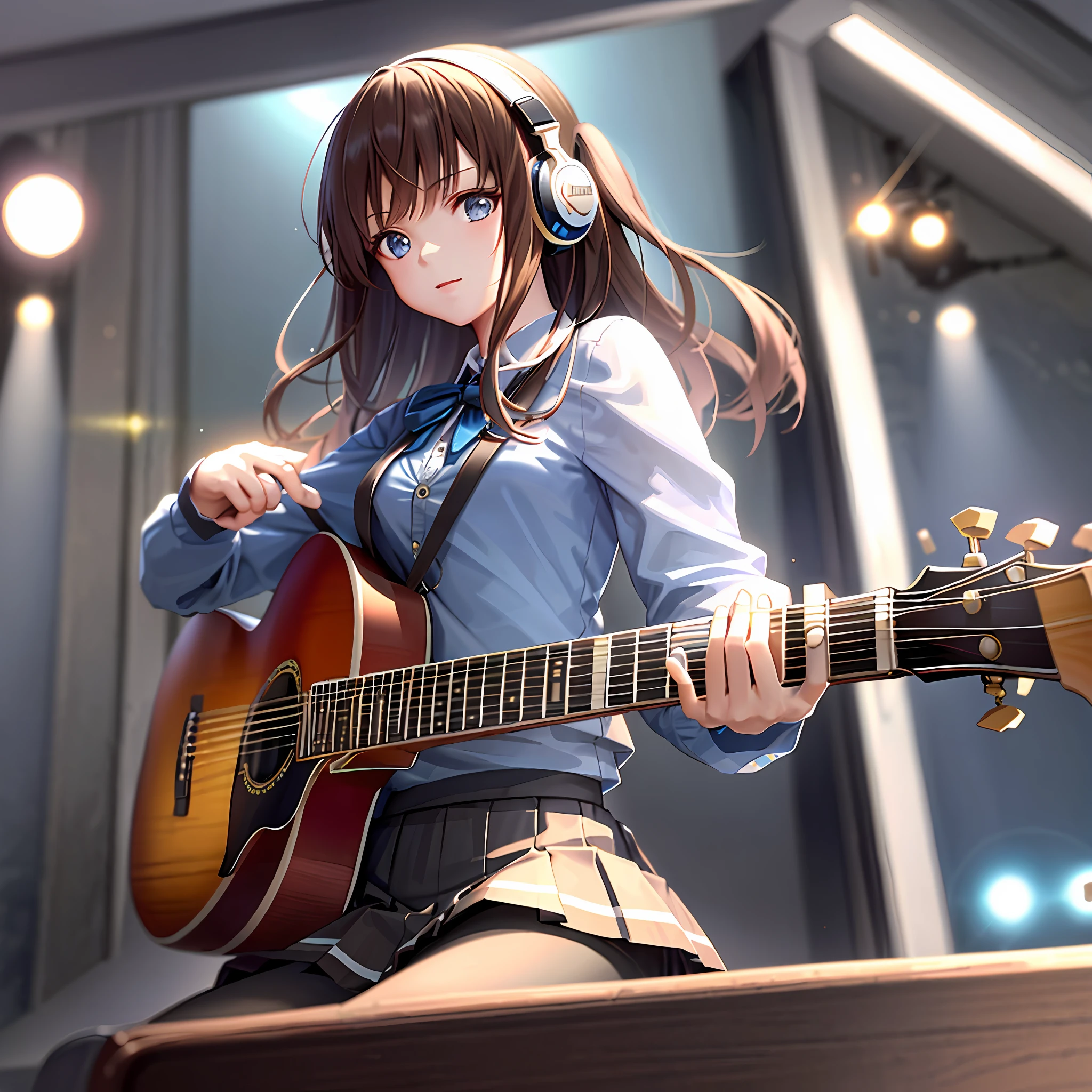 (Masterpiece, highest quality) 1 girl, musical instrument shop, solo, black skirt, blue eyes, electric guitar, guitar, headphones, dynamic pose, holding, plectrum, instrument, long hair, music, one side up, brown hair, guitar playing, pleated skirt, black shirt, indoor, dynamic angle