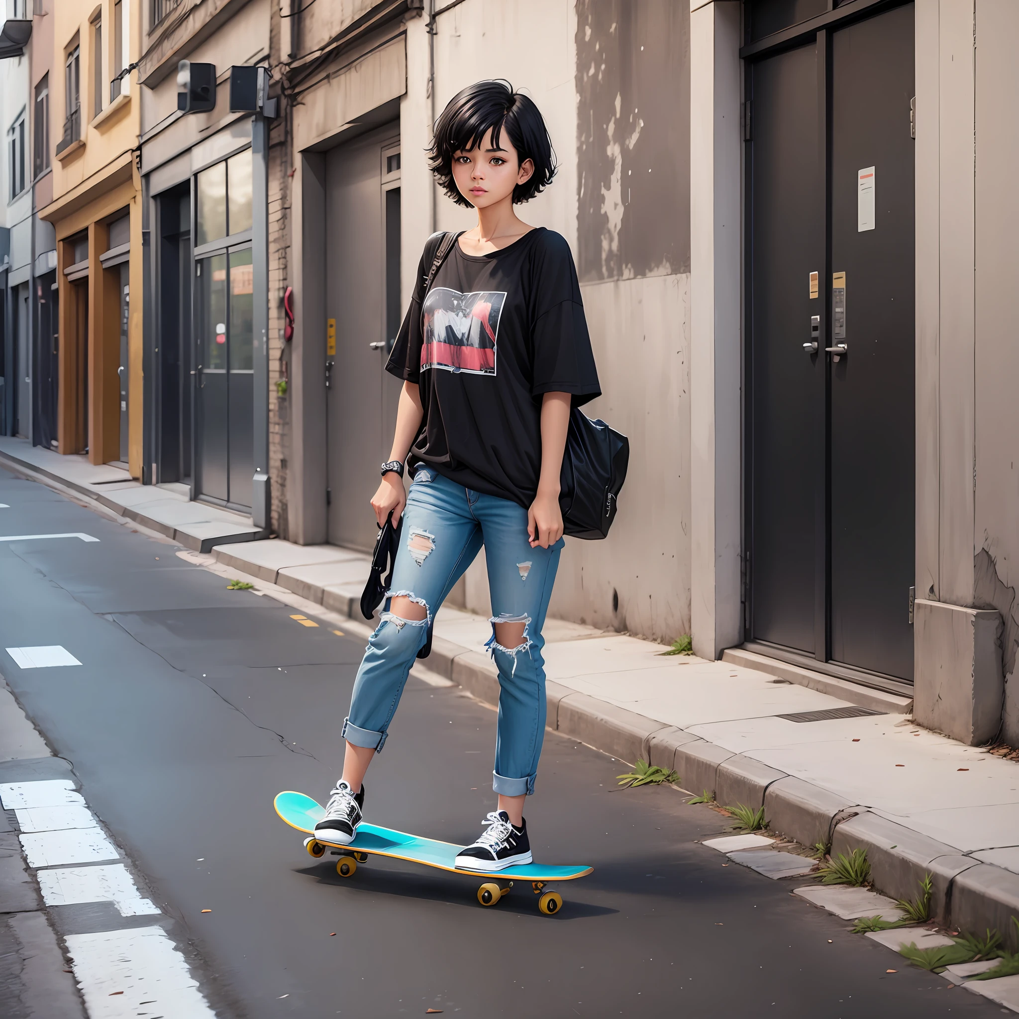 Girl with short hair, black hair, skateboarding on the sidewalk --auto --s2