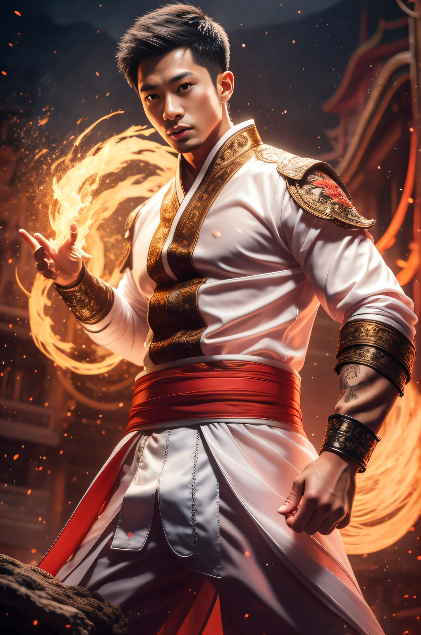 Handsome guy, 25 years old, Asian, master work, best picture quality, higher quality, high detail, super high resolution, 8k resolution, delicate facial features, boy, big muscles, tattoos, glowing eyes, short hair, hair details, (full body: 0.6), detailed background , [[look away, look to the side, emphasize homosexuality and pay attention to every detail , open Hanfu transparent tulle jacket, white rubber pants, circling dragon, Chinese garden background ((((crotch bulge))))), flame, flame spell, Fire fighting, Chinese kung fu, fingerless gloves, wristbands, dragon-themed costumes, monk robes, spinning floating particles, dynamic composition, burning architectural background