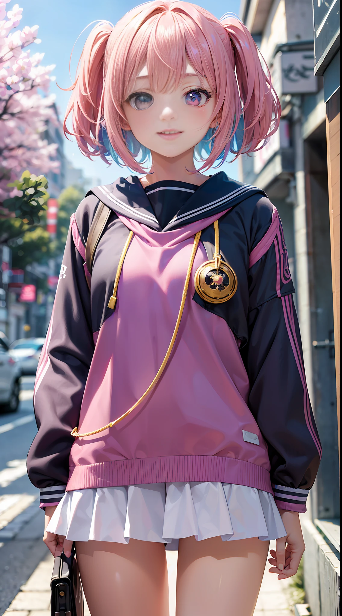 High resolution, super detail, (2D), Japan person, 1 girl, 16 year old high school girl, ((pink with gradient hair)), cute sailor suit, bob hair, dull bangs, (((eyes of different colors left and right)), finely detailed eyes, golden ratio face, sunlight, iridescent light grains, complex light reflection, background blue sky, transparency, hidden beauty, smile, depiction with depth, full body, full of energy, Looking at the viewer,