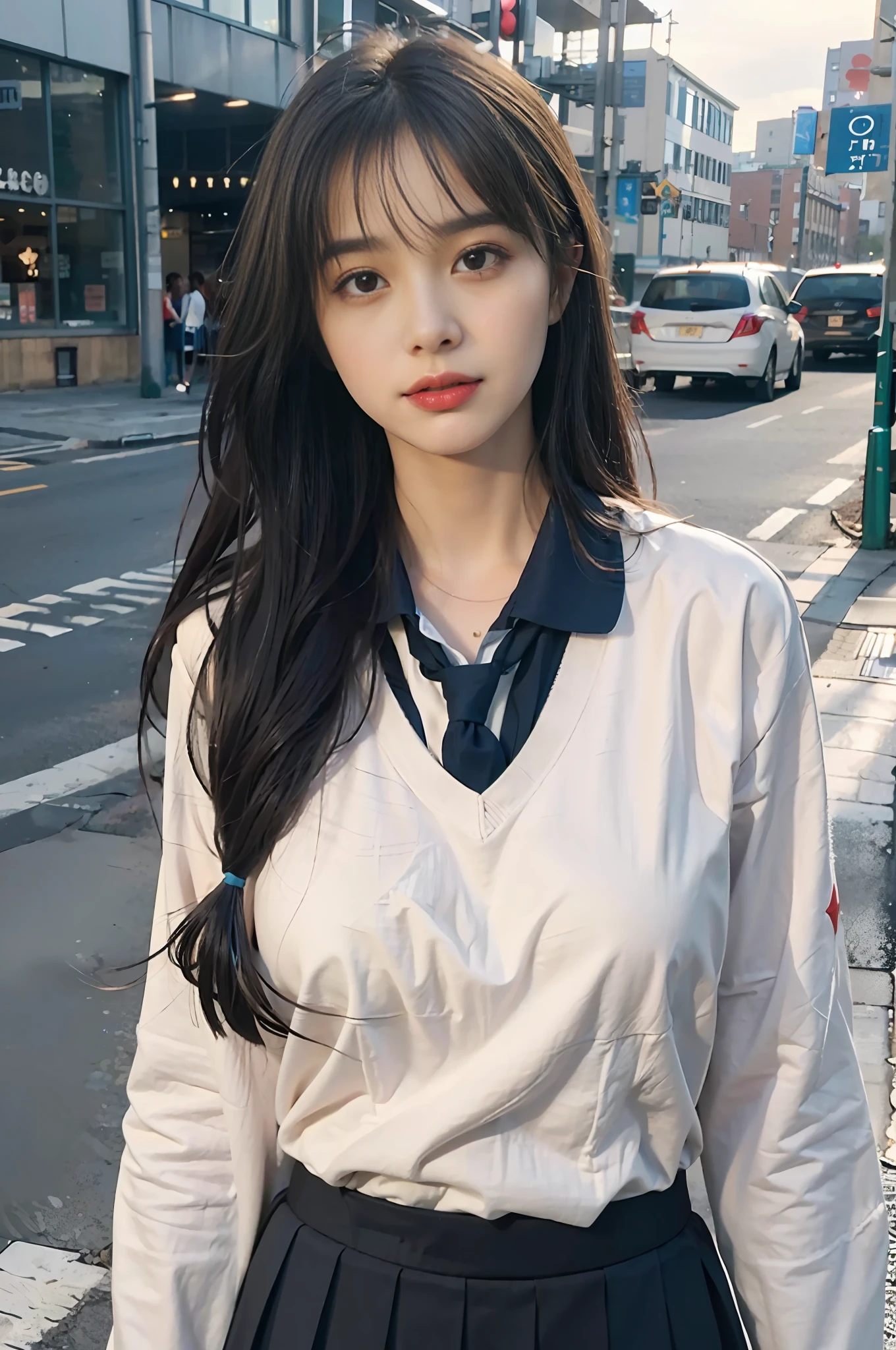 8k resolution), (RAW photo), (best quality), (masterpiece:1.5), (photorealistic:1.5), (photorealistic)), vibrant detail, ultra-realistic, (cute: 1.2)((school uniform)), (jk)))), road, intersection, big breast, close up