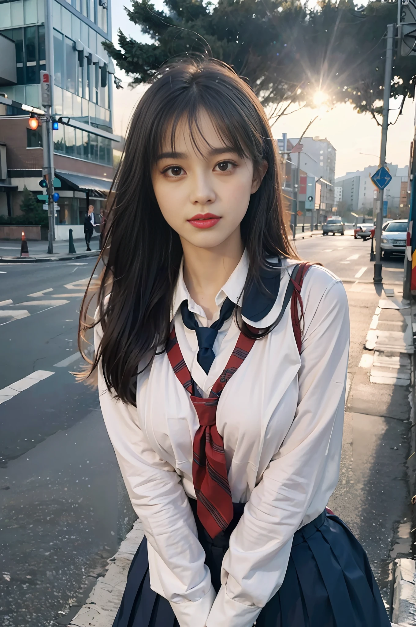 8k resolution), (RAW photo), (best quality), (masterpiece:1.5), (photorealistic:1.5), (photorealistic)), vibrant detail, ultra-realistic, (cute: 1.2)((school uniform)), (jk)))), road, intersection, big breast, close up