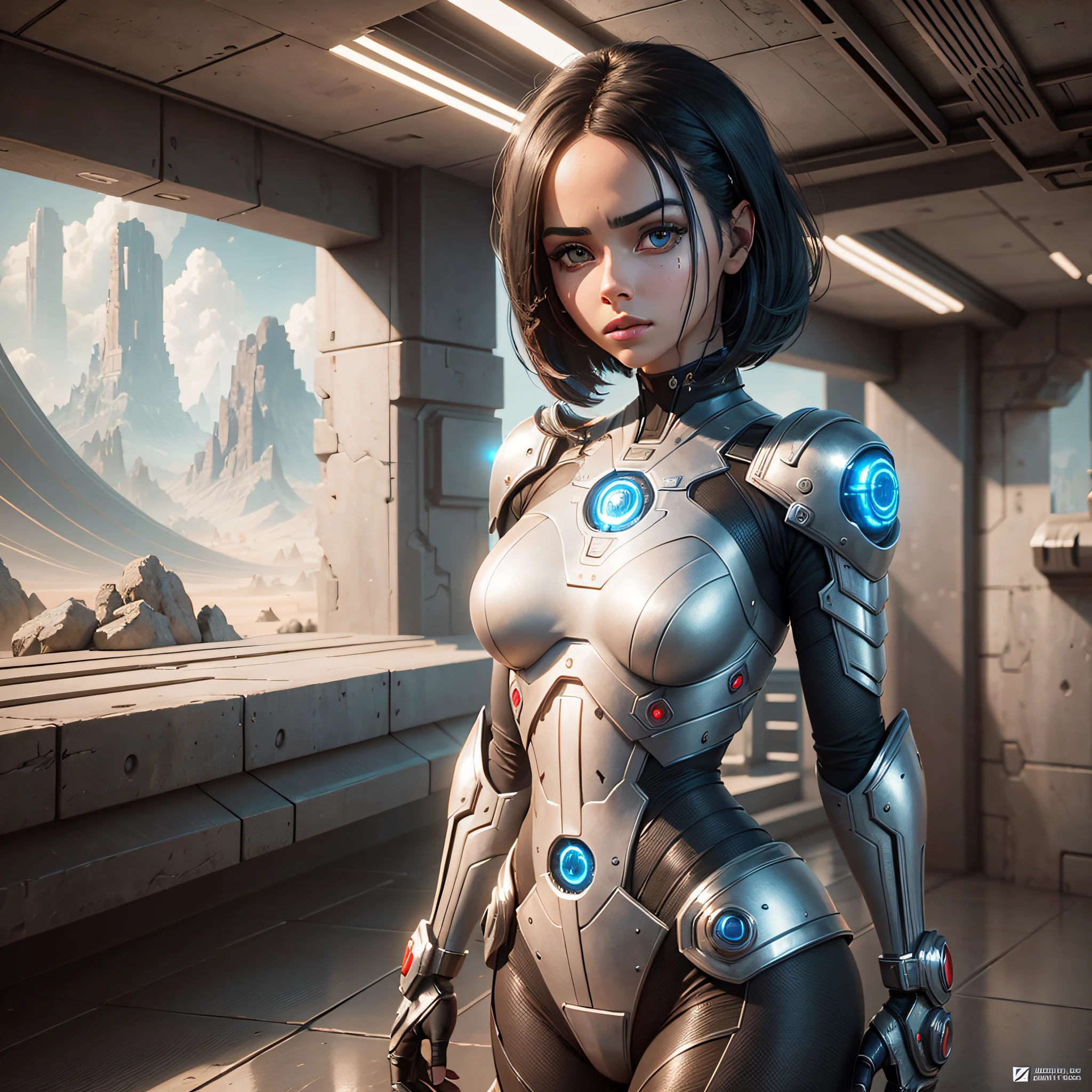 Battle Angle Alita, Space Android,
beautiful girl, standing aloneon hill,
centered, detailed gorgeous face, key
visual, intricate detail, highly detailed,
breathtaking, vibrant, panoramic, 3d art,
C4D, octane render, ray tracing --auto --s2