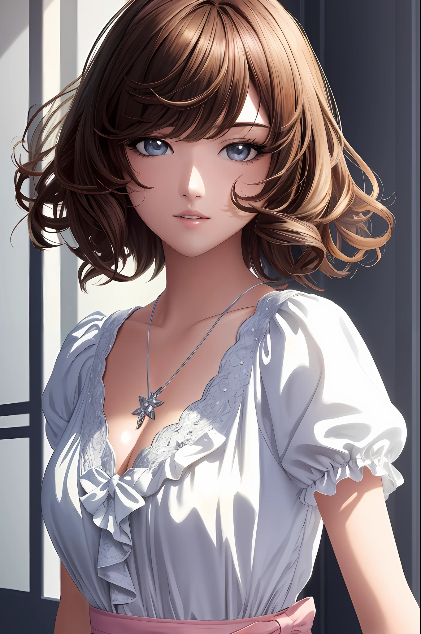 Illustration, anime style, (masterpiece, top quality, super detail, high resolution), perfect face, sidelights, shiny skin, (bloom), (shine), lighting, ray tracing, 1girl, solo, black short hair, black glowing eyes, summer short sleeves, hair bow, pink skirt, bow, pink bow, lips, upper body, curly hair, chest, parted lips, jewelry, depth_of_field, Very detailed background, very detailed background, masterpiece, super detail, great composition,dynamic angle,[bottle bottom],(wide shot), very delicate and beautiful,(best quality), (master work), depth of field, solo, extreme light and shadow, masterpiece, rich in detail, (fine features), (best quality), (masterpiece), (detail), (beautiful) detail, Beautiful Detail Eye,(Straight On), Upper Body,(Very Detail CG Unity 8k wallpaper),(Masterpiece), (Best Quality), (Super Detail)(Best Illustration)(Best Shadow),Perfect Lighting,Perfect Anatomy
