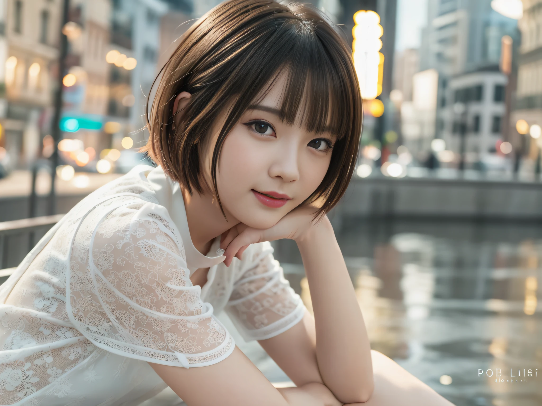 (8k, top quality, masterpiece: 1.2), (realistic, photorealistic: 1.37), super detailed, girl alone, cute, one, beautiful detailed sky, detailed café, night, sitting, date, (blush), (smile: 1.15),(closed)small,beautiful fine eyes,(shirt with collar:1.1),night,wet,business wear,rain,white lace,(short hair:1.2),floating hair NovaFrogStyle, Brown Hair, Mesh, Bob Hair, Eyes