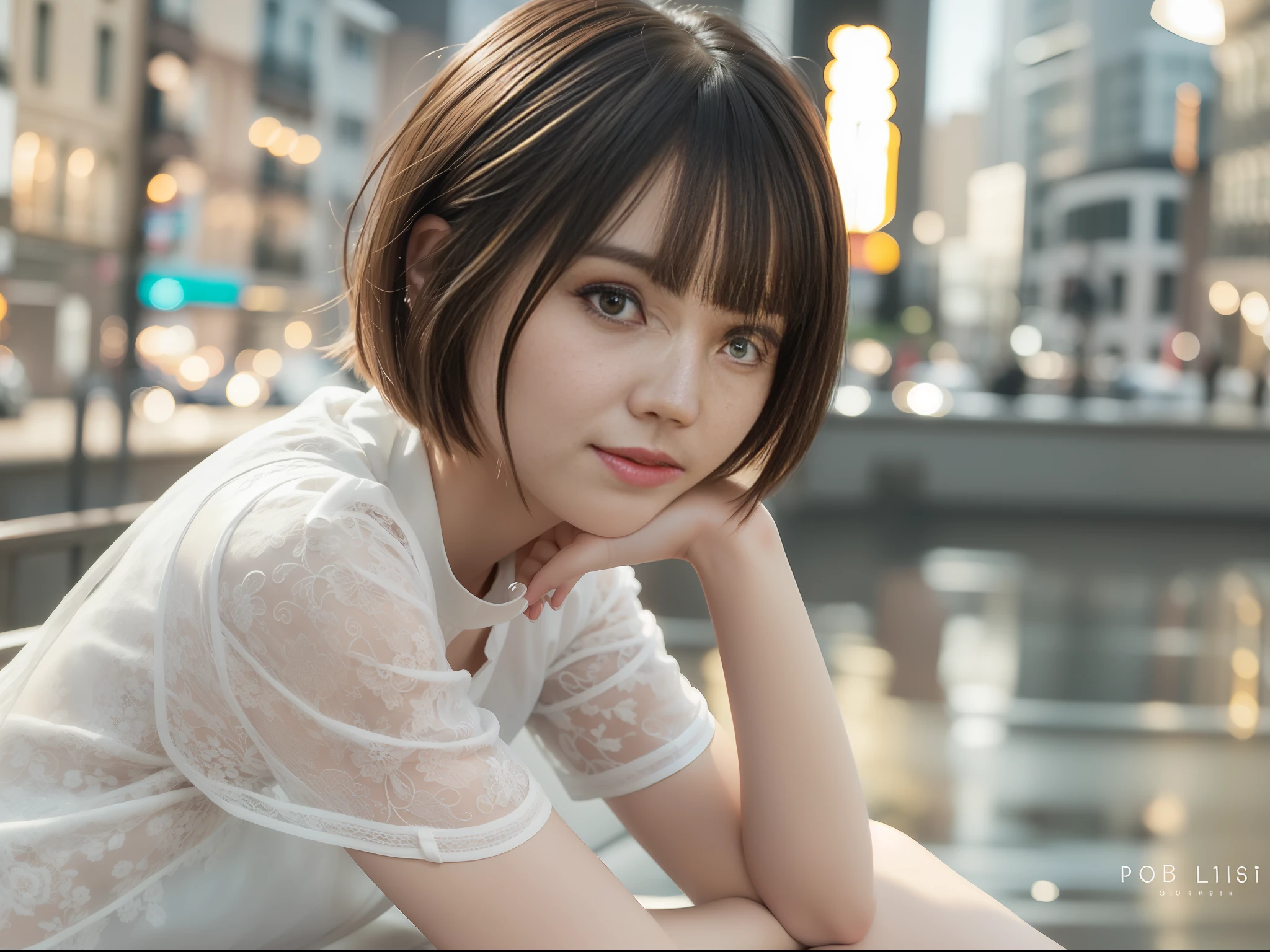 (8k, top quality, masterpiece: 1.2), (realistic, photorealistic: 1.37), super detailed, girl alone, cute, one, beautiful detailed sky, detailed café, night, sitting, date, (blush), (smile: 1.15),(closed)small,beautiful fine eyes,(shirt with collar:1.1),night,wet,business wear,rain,white lace,(short hair:1.2),floating hair NovaFrogStyle, Brown Hair, Mesh, Bob Hair, Eyes