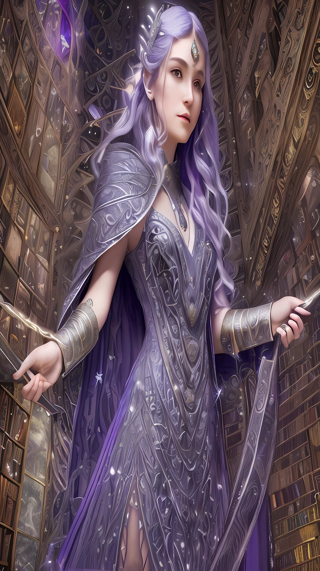 HDR, DSLR, 8K wallpaper, RAW photo (intricate details:1.3), (ultra-detailed:1.3), ultra intricate view, full body, polished, specular lighting, focus face, sharp focus, (hyperrealistic:1.2), A mysterious sorceress, casting spells with glowing hands, long silver hair, adorned with crystal hairpins, piercing purple eyes, standing in a mystical library,
soft candlelight, low angle shot,
Flowing cloak, adorned with intricate runes, magical staff,
Serene pose, lost in deep contemplation,
Ancient scrolls, towering bookshelves, floating magical books,
Mystical moonlight, stars shining brightly,