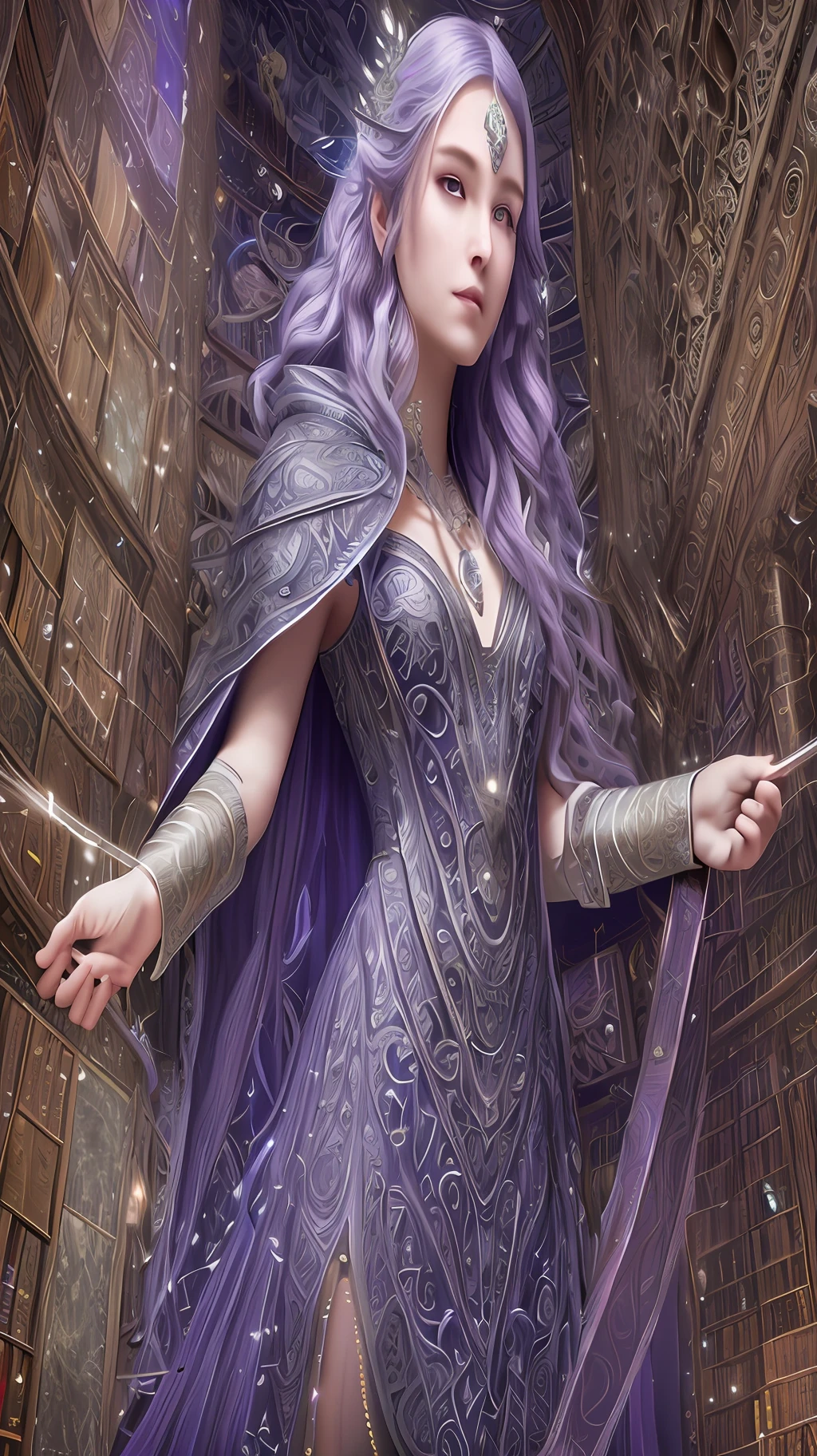 HDR, DSLR, 8K wallpaper, RAW photo (intricate details:1.3), (ultra-detailed:1.3), ultra intricate view, full body, polished, specular lighting, focus face, sharp focus, (hyperrealistic:1.2), A mysterious sorceress, casting spells with glowing hands, long silver hair, adorned with crystal hairpins, piercing purple eyes, standing in a mystical library,
soft candlelight, low angle shot,
Flowing cloak, adorned with intricate runes, magical staff,
Serene pose, lost in deep contemplation,
Ancient scrolls, towering bookshelves, floating magical books,
Mystical moonlight, stars shining brightly,