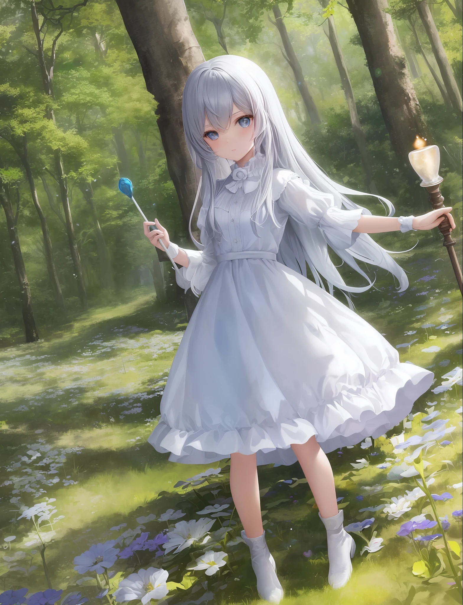 Girl, 18 years old, hot body, fair skin, round face. She has bright blue eyes, long straight silver hair that reaches her waist, and a small nose. Her appearance is unique and mysterious, and her body exudes a hint of ethereal air. She stands in the middle of the enchanted forest, wearing a flowing white transparent minidress and a circle of wildflowers. She was holding a cane and looked preoccupied, as if she were casting a spell. The trees around her began to glow softly, and little fairies flew around her. (open legs), (open legs), ((strong primary colors concentrated on yellow)))