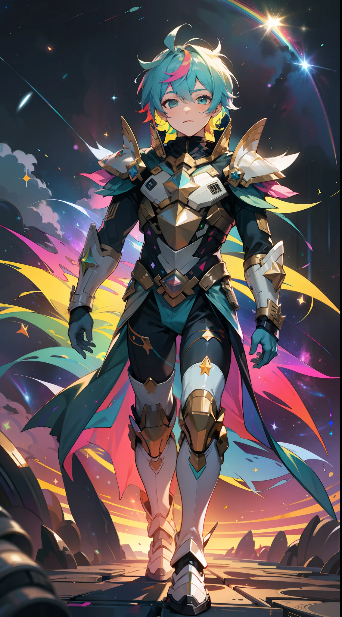 a boy with rainbow colored hair and rainbow teal armor, walking in the stars, rainbow colored cosmic nebula background, stars, galaxies