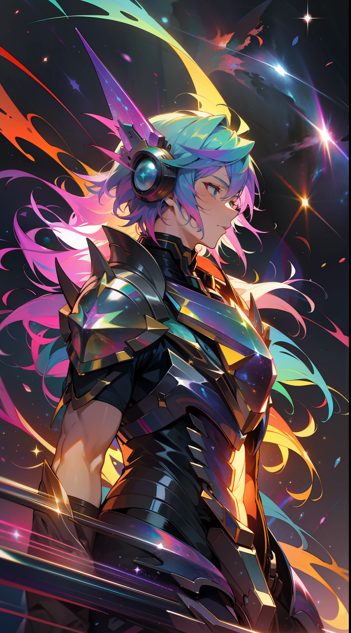 a man with rainbow colored hair and rainbow teal armor, walking in the stars, rainbow colored cosmic nebula background, stars, galaxies