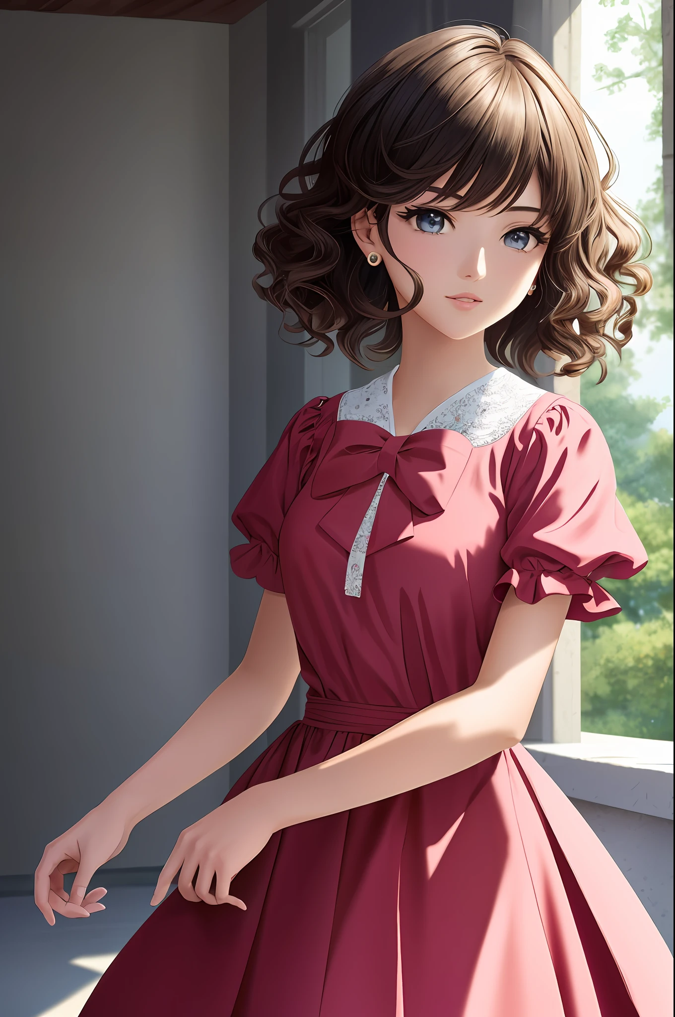 Illustration, anime style, (masterpiece, top quality, super detail, high resolution), perfect face, side lights, shiny skin, (bloom), (shine), lighting, ray tracing, 1girl, solo, short hair of black color, black moisturized eyes, summer short sleeves, hair bow, pink skirt, bow, pink bow, lips, upper body, curly hair, chest, parted lips, jewelry, depth_of_field, Very detailed background, very detailed background, masterpiece, super detail, great composition,dynamic angle,[bottle bottom],(wide shot), very delicate and beautiful,(best quality), (master work), depth of field, solo, extreme light and shadow, masterpiece, rich in detail, (fine features), (best quality), (masterpiece), (detail), (beautiful) detail, Beautiful Detail Eye,(Straight On), Upper Body,(Very Detail CG Unity 8k wallpaper),(Masterpiece), (Best Quality), (Super Detail)(Best Illustration)(Best Shadow),Perfect Lighting,Perfect Anatomy
