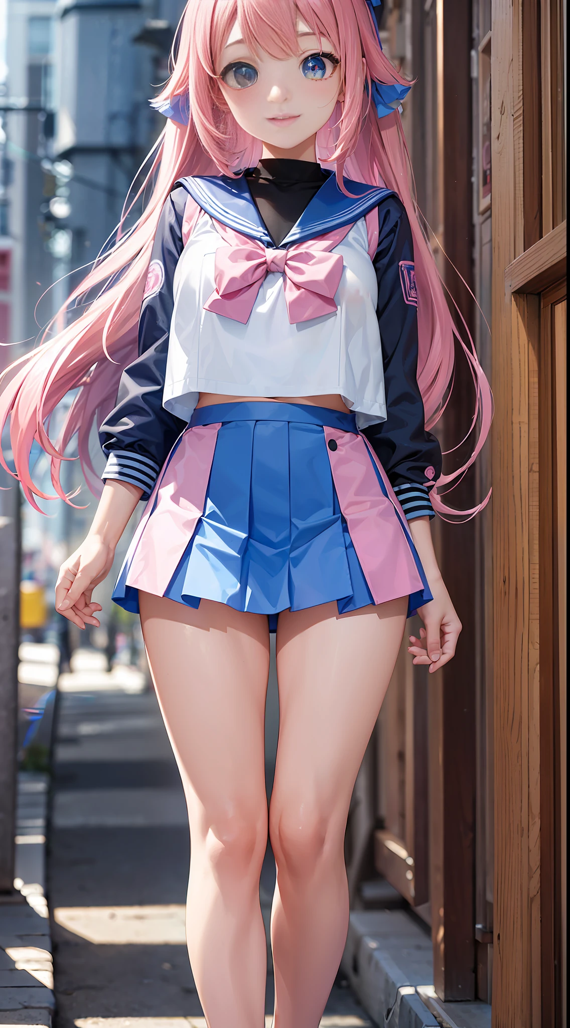 High resolution, super detail, (2D), Japan person, 1 girl, 16 year old high school girl, ((pink with gradient hair)), cute sailor suit, bob hair, dull bangs, (((eyes of different colors left and right)), finely detailed eyes, golden ratio face, sunlight, iridescent light grains, complex light reflection, background blue sky, transparency, hidden beauty, smile, depiction with depth, full body, full of energy, Looking at the viewer,