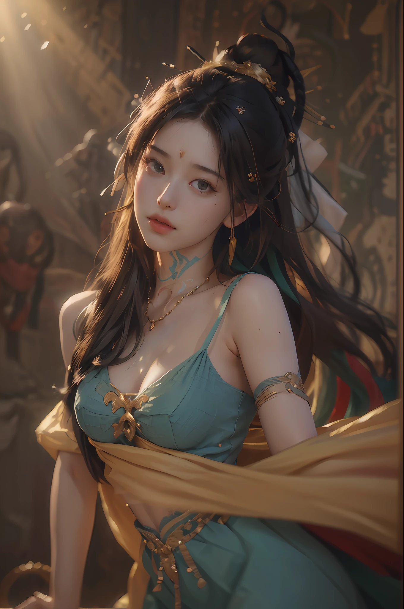 nsfw,(RAW photo, best quality),(realistic, photo-realistic:1.3),best quality,highly detailed,masterpiece,ultra-detailed,illustration,1girl,upper_body,dynamic angle,world masterpiece theater,messy_long_hair,best quality,extremely detailed CG unity 8k wallpaper,ink,Amazing,cinematic lighting,lens_flare,dunhuang_style,