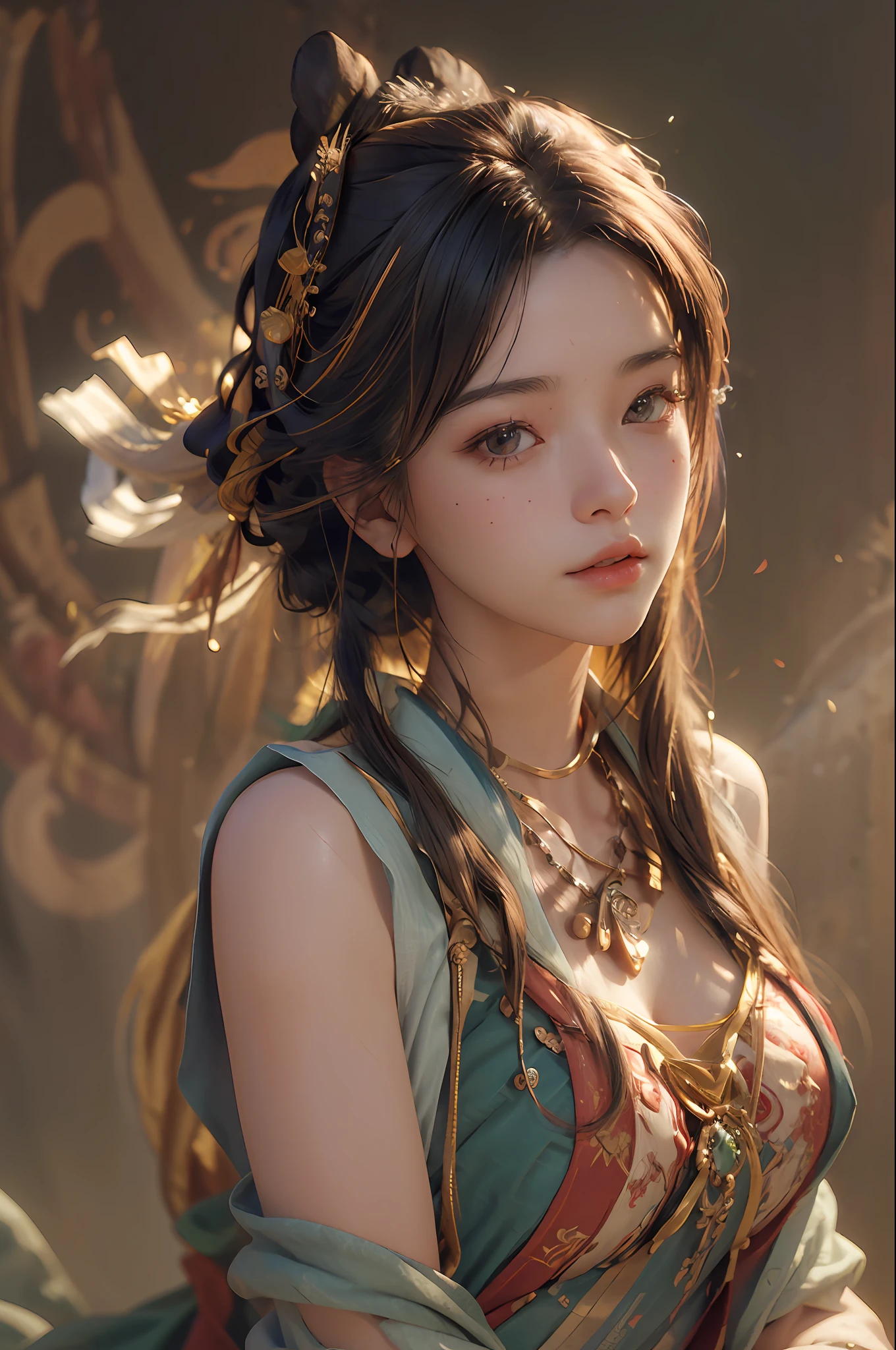 nsfw,(RAW photo, best quality),(realistic, photo-realistic:1.3),best quality,highly detailed,masterpiece,ultra-detailed,illustration,1girl,upper_body,dynamic angle,world masterpiece theater,messy_long_hair,best quality,extremely detailed CG unity 8k wallpaper,ink,Amazing,cinematic lighting,lens_flare,dunhuang_style,