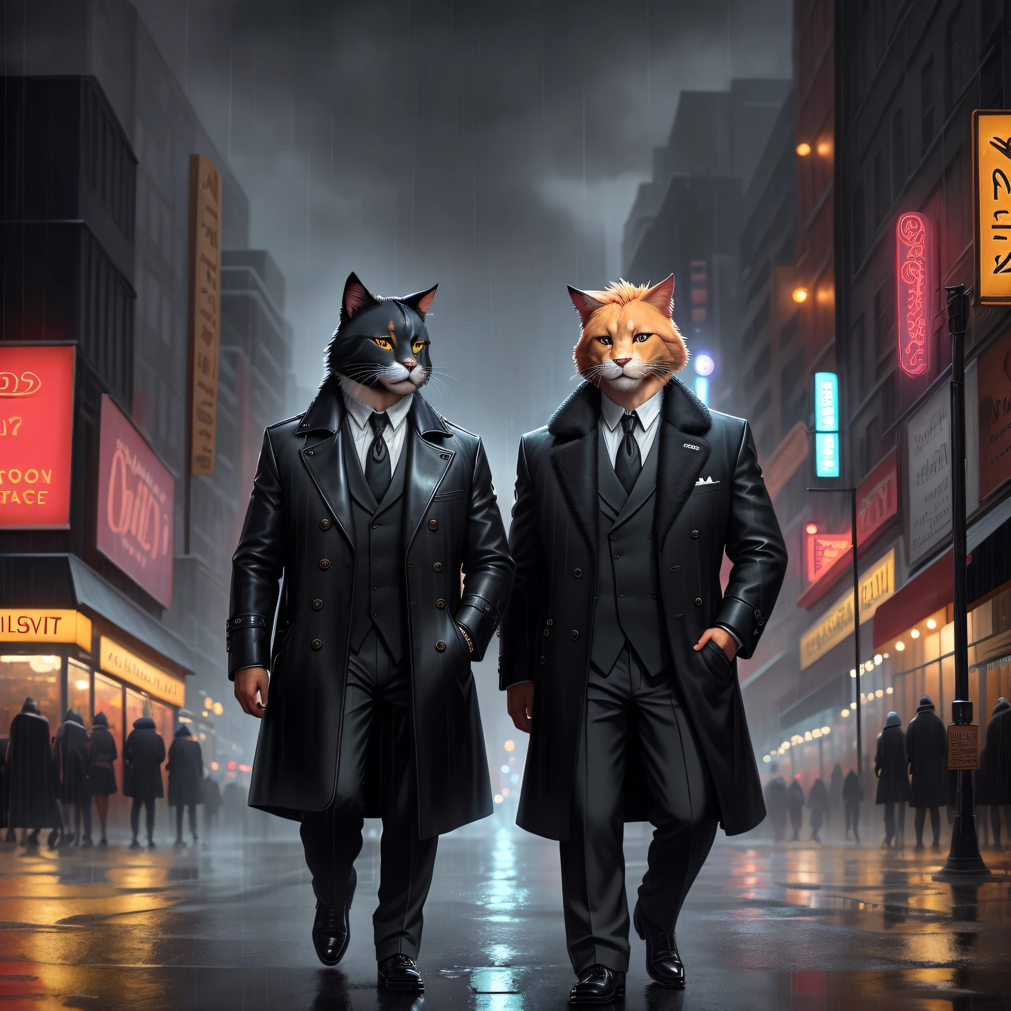 ( furry, anthropomorphic cat, best quality: 1.2), anthropomorphic facecat, ((furry)), (soft colors: 1.2, dark studio, rim lighting, two-tone lighting, dim light, low tone, ), ((heavy rain weather)), long leather raincoat, a poster for a \(style\) of the 1930s, ???? detective film, (???? atmosphere:1), dark atmosphere, city night street,  emphasis on color ????, New York in the 1930s, Intricate, dramatic and photorealistic painting art by Midjourney and Greg Rutkowski, Disney furry style, High Detail, move chart, Surrealism, Color Field painting, Social realism, Futurism, from outside, cinematic lighting, high details, high quality, super detail