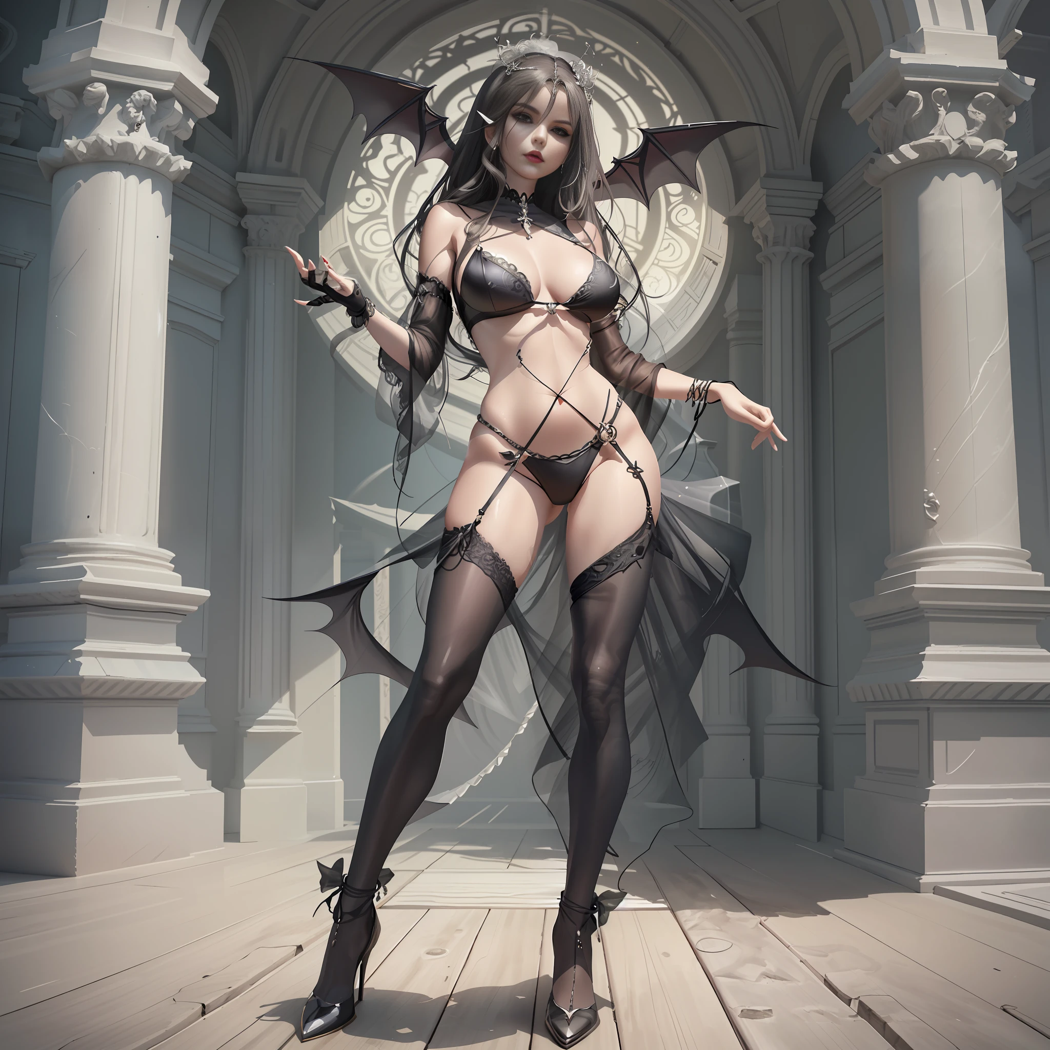 Perfect CG Art, Mature Fashion Model, An Eastern European Banshee in Black and White Sexy Bikini, 3D Model, Perfect Goddess, Beautiful and Elegant Female Vampire, Full Body Stance, Exquisite Costume, Long Legs, Height 175cm, Concept Art, Artgerm on ArtStation Pixiv, Dark Fantasy Style Art