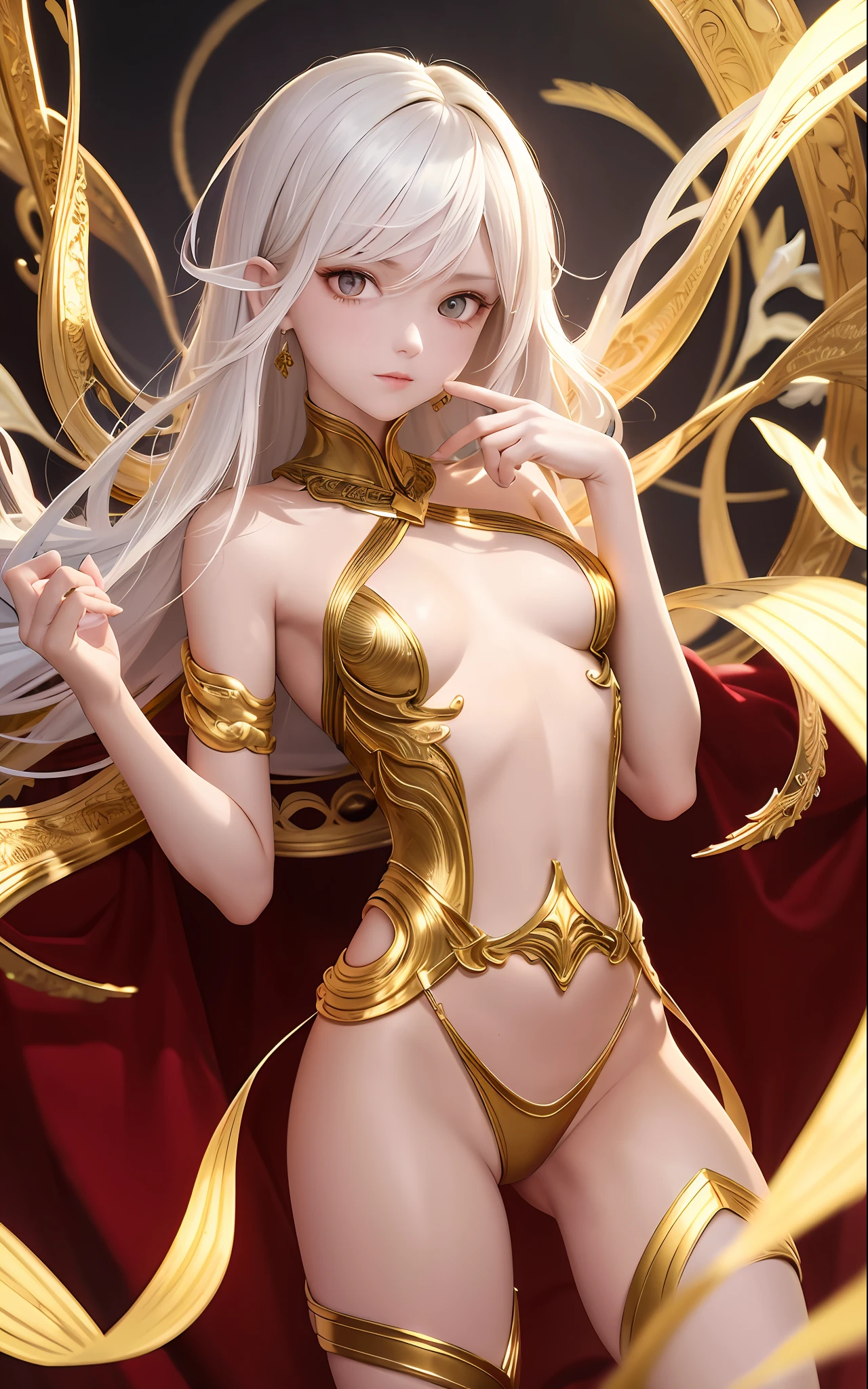 Superb and masterpiece, high resolution, best quality, UHD, super detail, award-winning, 16k, upper body, a beautiful girl, white hair, hair, ((golden eyes)), hanging eyes, fair skin, small breasts, slender body, hot pants