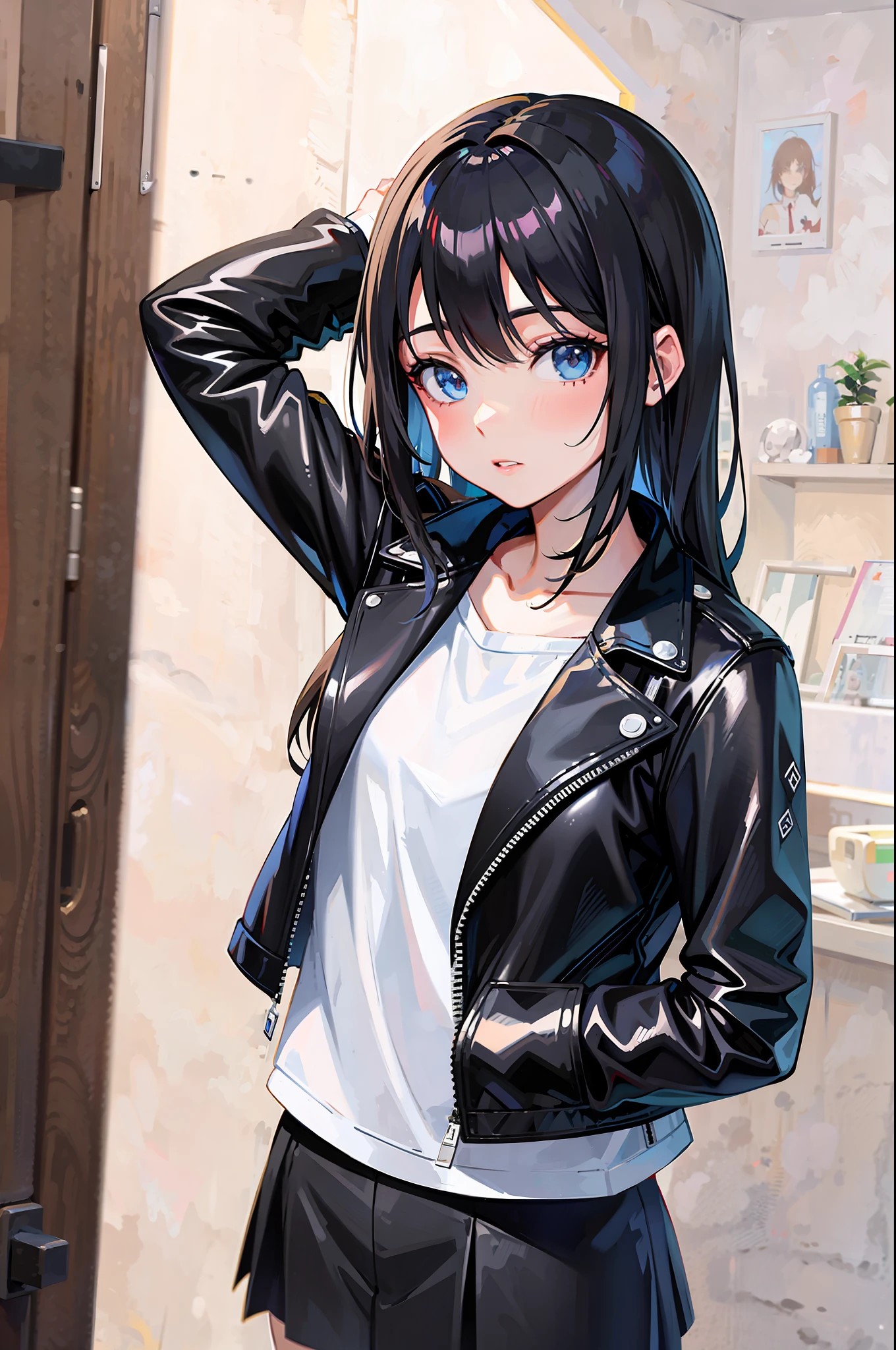 anime girl in black leather jacket and white shirt posing for picture, anime moe artstyle, smooth anime cg art, realistic anime artstyle, realistic anime 3 d style, high detailed official artwork, attractive anime girl, realistic young anime girl, anime style. 8k, anime visual of a cute girl, marin kitagawa fanart, realistic anime art style, noire