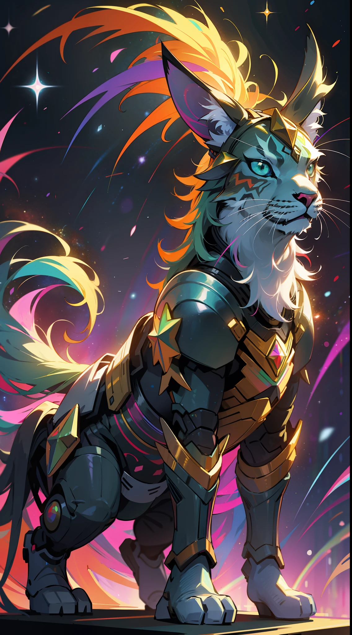 a rainbow colored lynx with rainbow teal armor, standing, rainbow colored cosmic nebula background, stars, galaxies