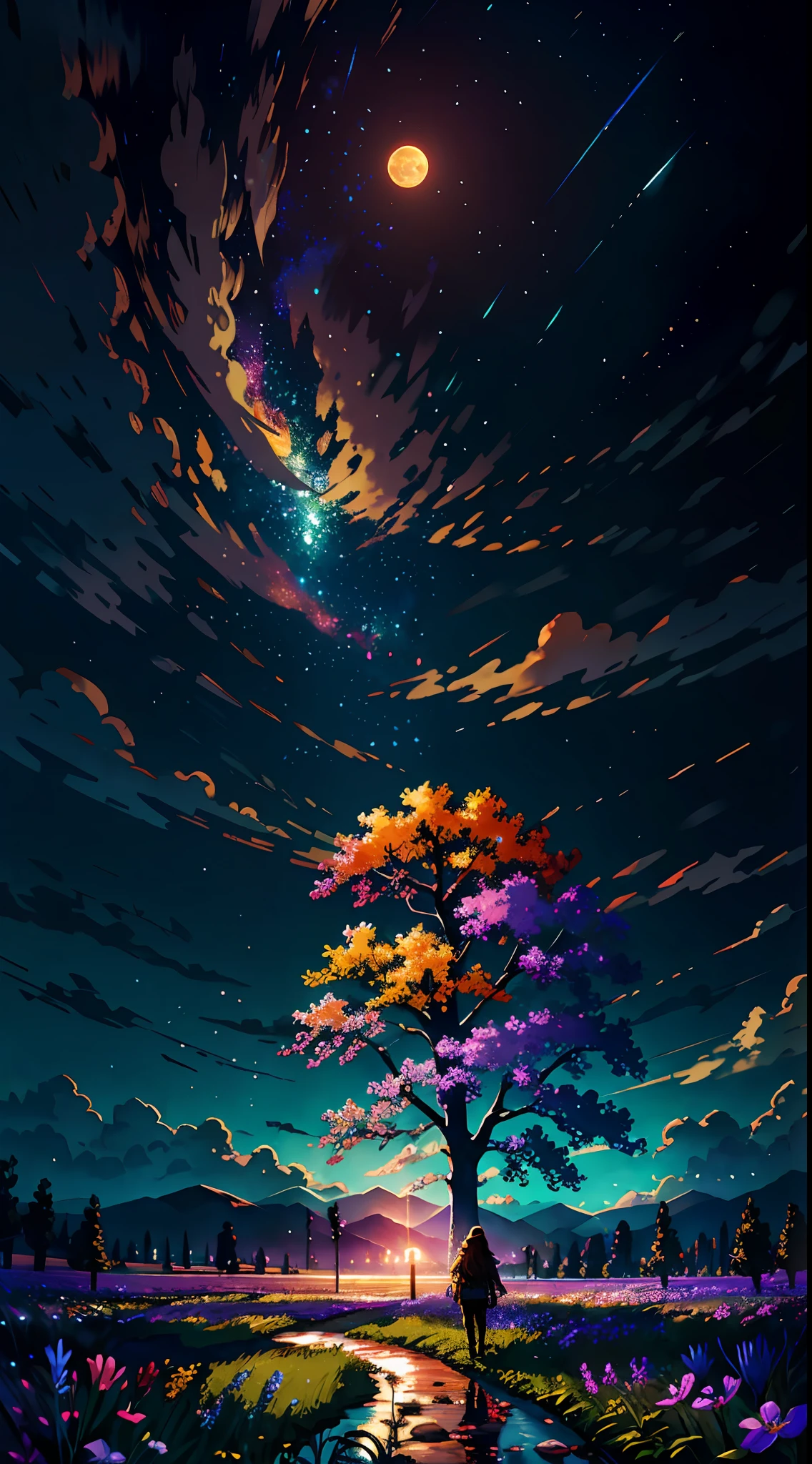 A wide landscape photo, (viewed from below, the sky is above, and the open field is below), a girl standing on a flower field looking up, (full moon: 1.2), (meteor: 0.9), (nebula: 1.3), distant mountains , Trees BREAK Crafting Art, (Warm Light: 1.2), (Firefly: 1.2), Lights, Lots of Purple and Orange, Intricate Details, Volumetric Lighting BREAK (Masterpiece: 1.2), (Best Quality), 4k, Ultra Detailed, (Dynamic Composition: 1.4), Rich in Detail and Color, (Rainbow Color: 1.2), (Glow, Atmospheric Lighting), Dreamy, Magical, (Solo: 1.2)