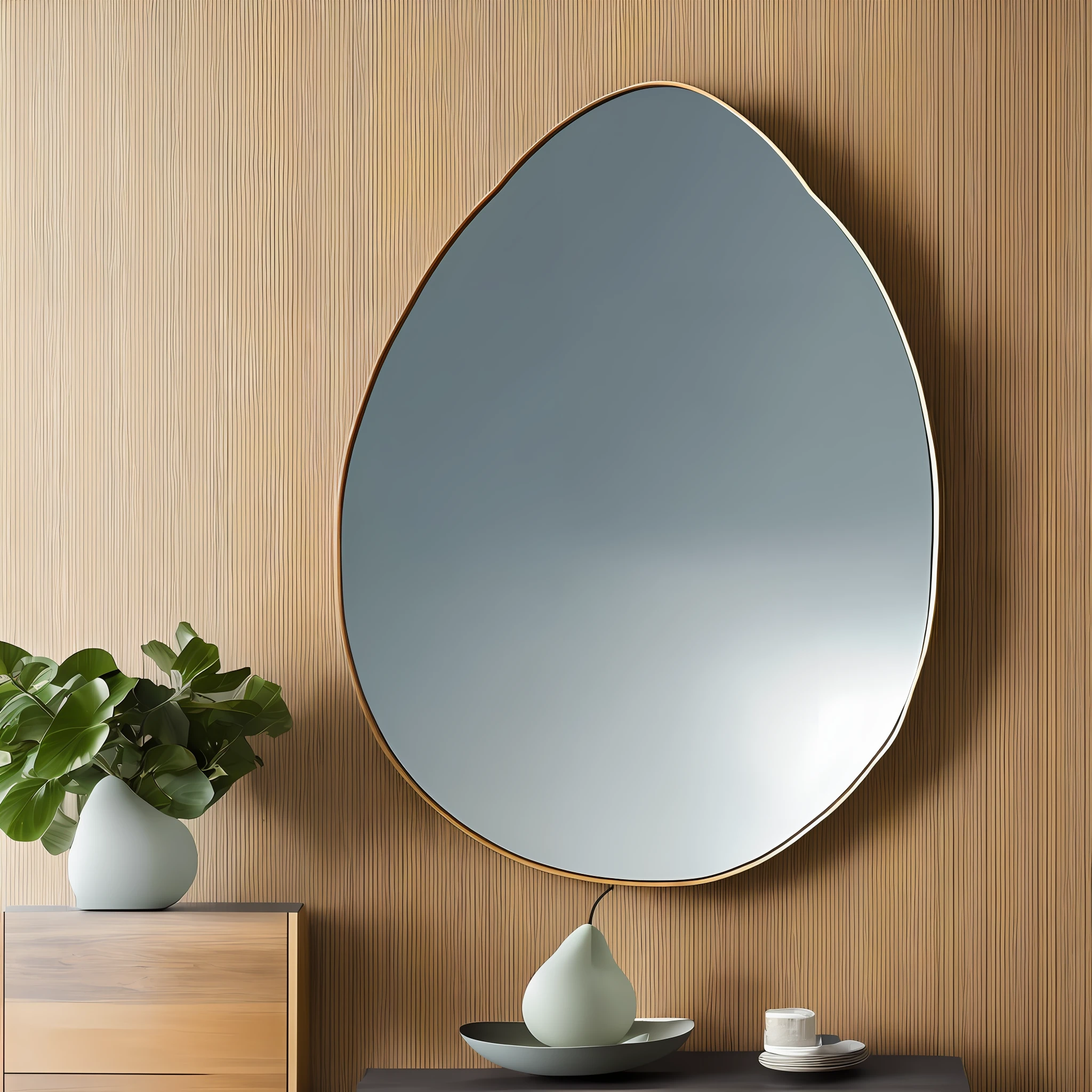 Pear-shaped mirror: A cloud-shaped mirror, without border or frame, can be used in a modern and sophisticated environment. It can be combined with other abstract mirrors, creating a unique and original composition on the wall. --auto --s2