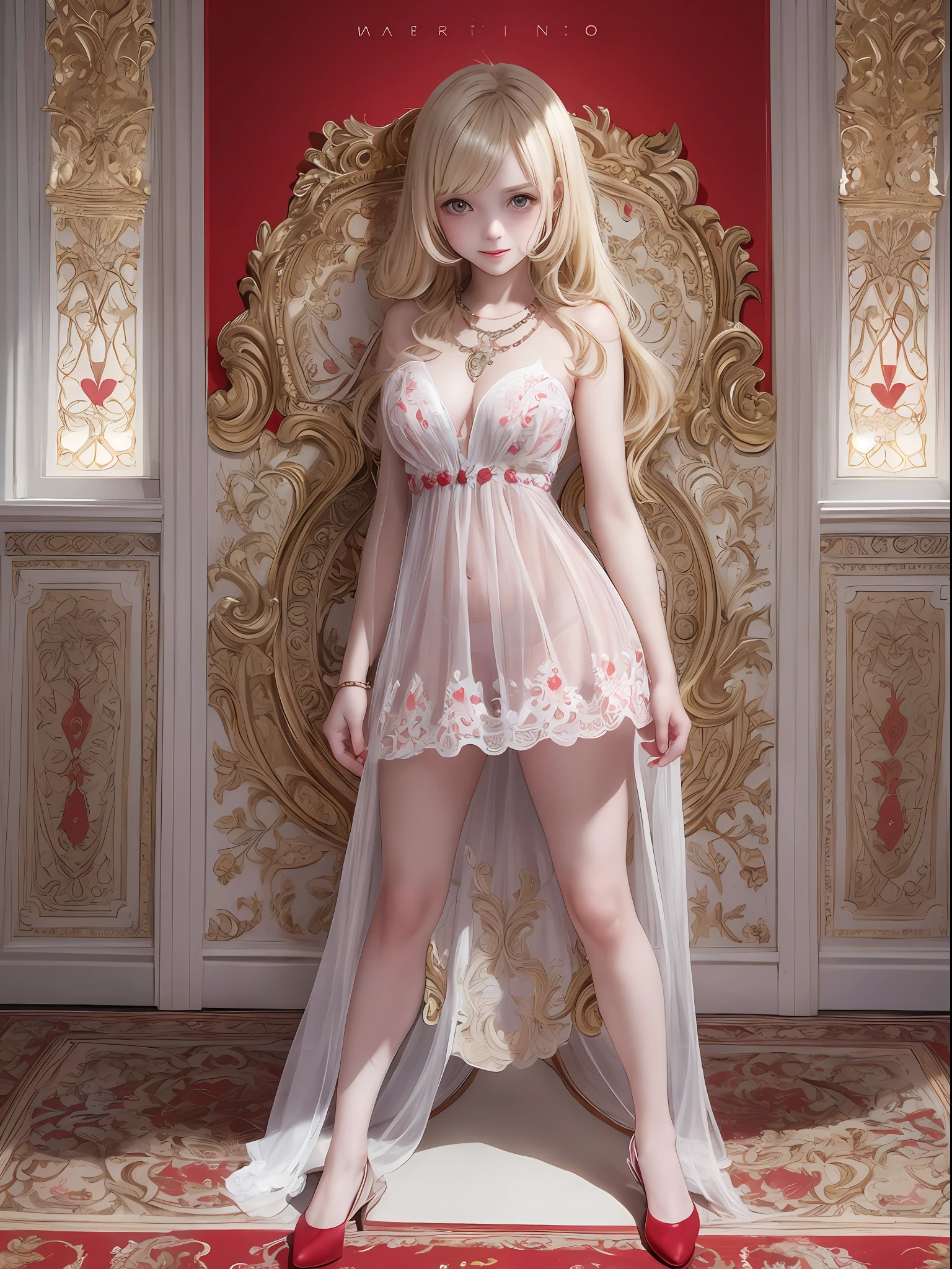 Masterpiece, illustration, cartoon, 1 girl, intricate details, best texture, realistic, 8k, soft light, perfect shadow, full body, realistic, 1 girl, 8 , scary face, blonde, sexy hot nude red theme, necklace and watch, transparent dress, smile, baby facebackground