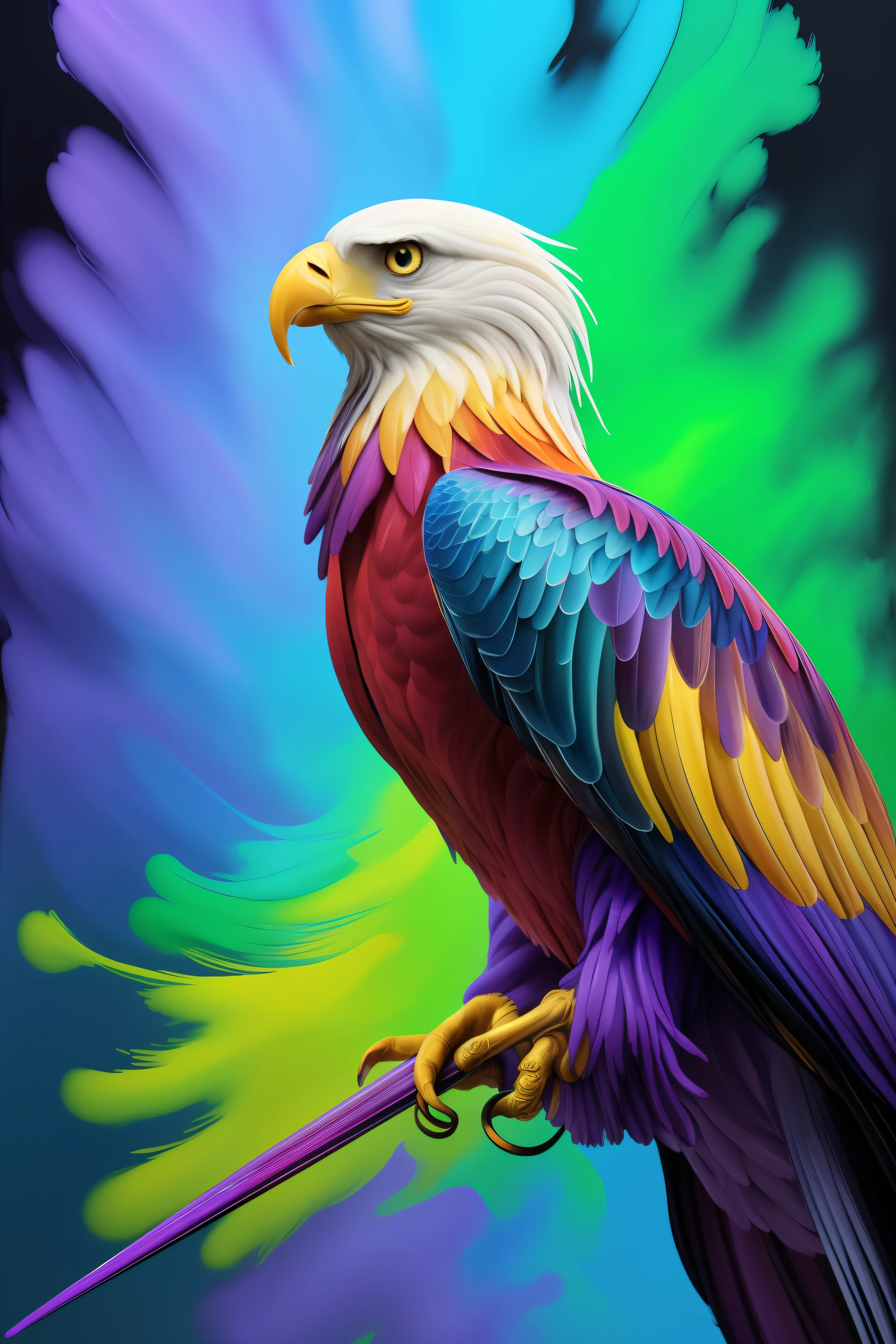 Colorful Eagle: A 28-year-old Giru, oil painting, perfect feathers, blue yellow colors, light purple and violet additions, light red additions, intricate details, welcome screen, 8k resolution, masterpiece, artstation digital painting Very smooth ink flow: 8k resolution Photorealistic masterpiece: Intricately detailed fluid gouache painting: by Jean Baptiste Mongue: Calligraphy: Acrylic: Watercolor Art, Professional Photography, Daylighting, Maximalist Volumetric Lighting Photoillustration: by Marton Bobzert:, Complex, Elegant, Expansive, Fantastic, Vibrant, Best Quality Details, Realistic, High Definition, High Quality Texture, Epic Lighting, Motion Picture Still, 8k, Soft Lighting, Anime Style, Masterful Playing Card Edge, Random Colorful Art, Oil Painting, Blue Yellow Colors, Purple Color Additions clear and violet, light red additions, intricate details, welcome screen, 8K resolution, masterpiece, artstation digital painting Very smooth Black ink flow: 8K resolution Photorealistic masterpiece: intricately detailed fluid gouache painting: by Jean Baptiste Mongue: Calligraphy: acrylic: watercolor art, professional photography, natural lighting, volumetric lighting Maximalist photoillustration: by Marton Bobzert:, complex, Elegant, expansive, fantastic, vibrant