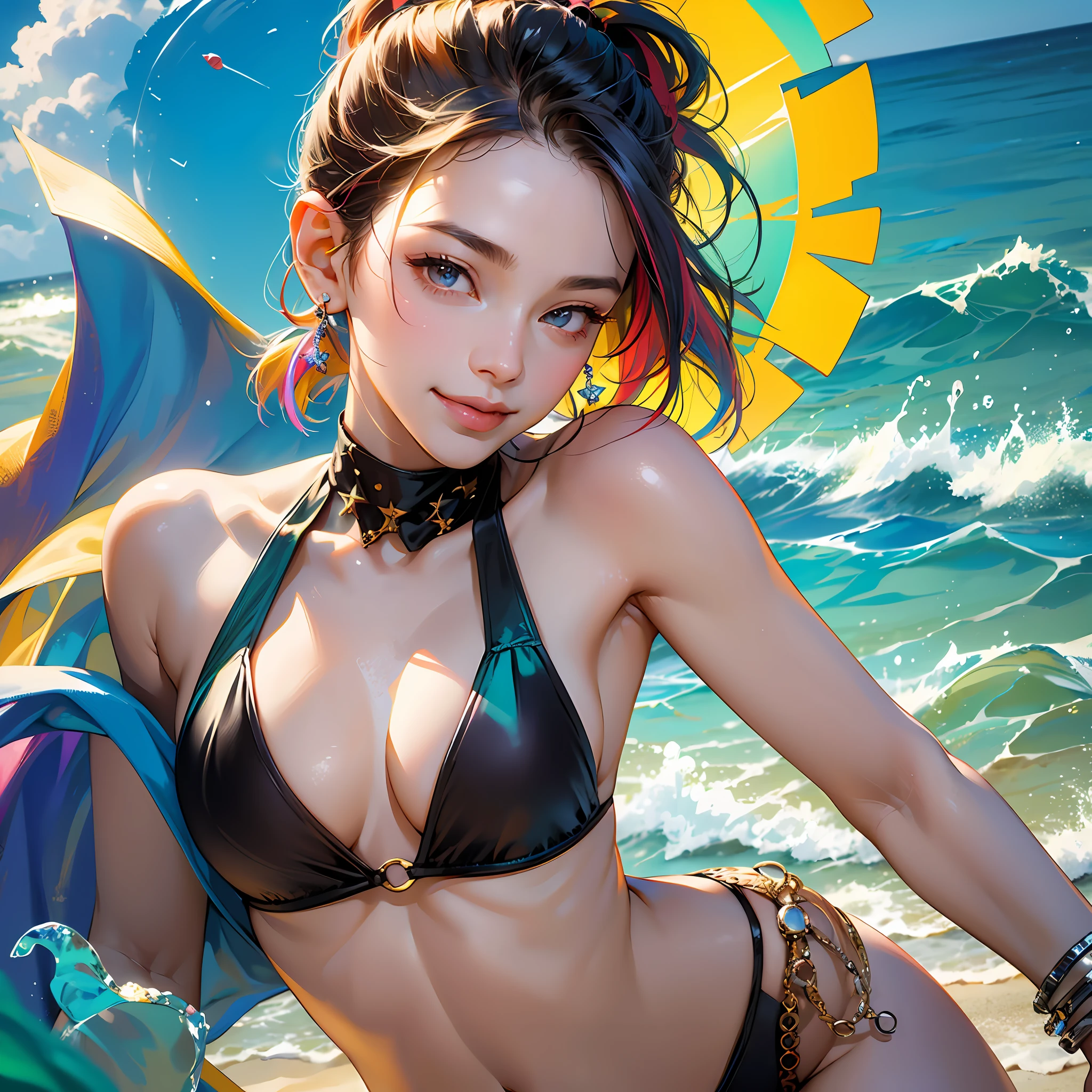 (Masterpiece: 1.5), (Best Quality: 1.5), High Resolution, High Detail, 1 Girl, Solo, Skin Highlight, Sharpen, Clear, straight hair, ponytail, multicolored hair, Jewelry, bracelet, earrings, cowboy shot, pale skin, smile, beach, tiny micro bikini --auto --s2