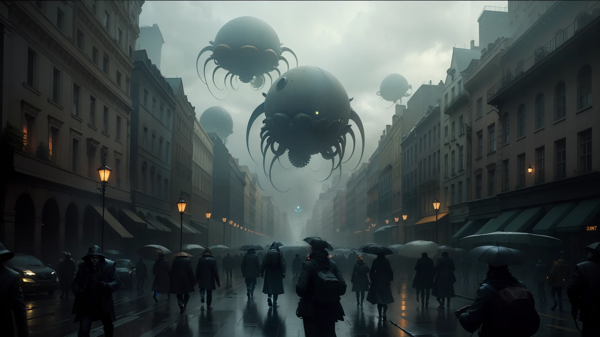 there are many people walking down the street in the rain, lovecraftian style, inspired by Albert Joseph Pénot, full of alien military equipment, from overlord, inspired by Karel Dujardin, giant squids battling in the sky, screenshot from a movie, nightmare fuel, blimps, too many eyes --auto --s2