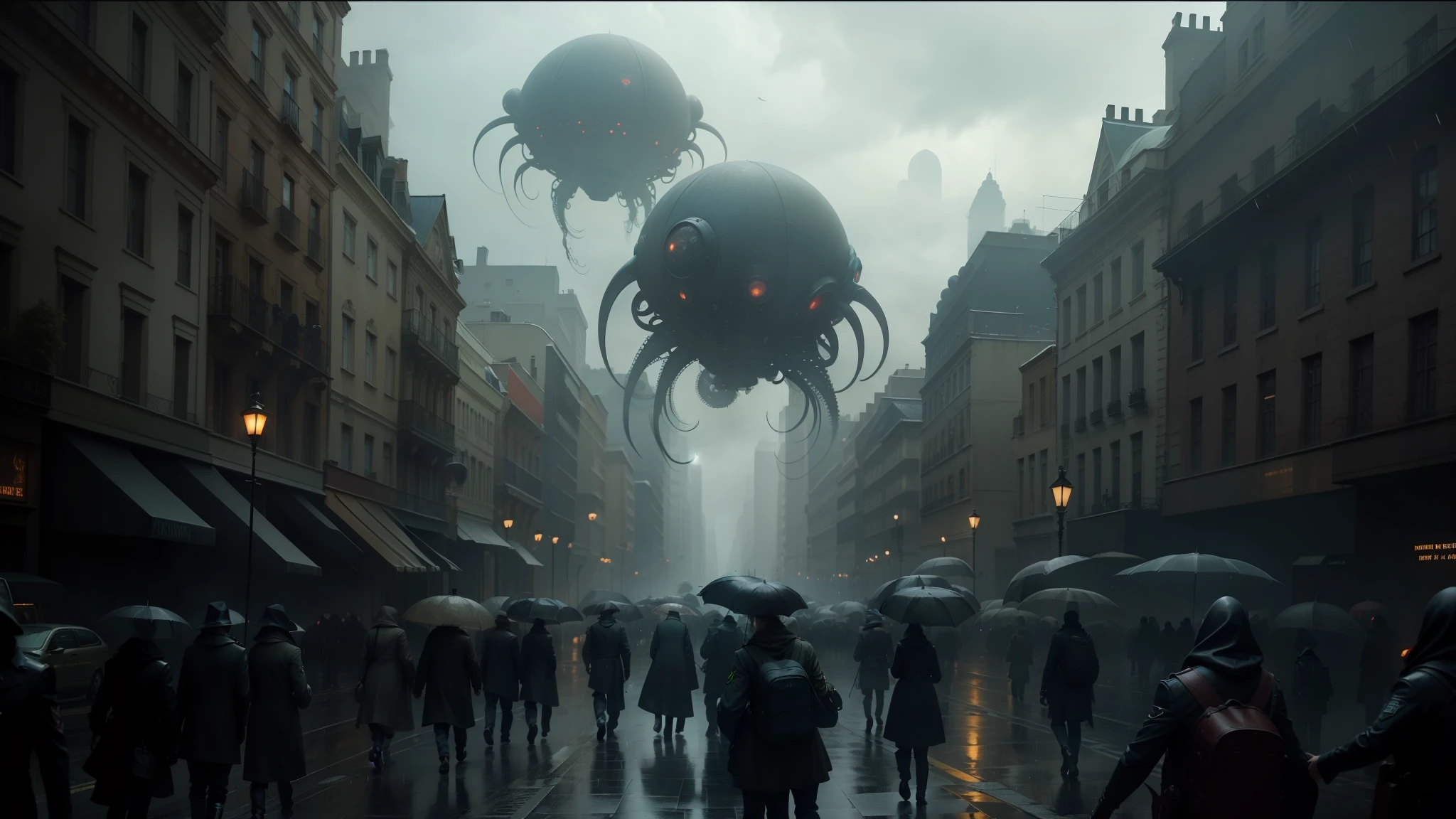 there are many people walking down the street in the rain, lovecraftian style, inspired by Albert Joseph Pénot, full of alien military equipment, from overlord, inspired by Karel Dujardin, giant squids battling in the sky, screenshot from a movie, nightmare fuel, blimps, too many eyes --auto --s2