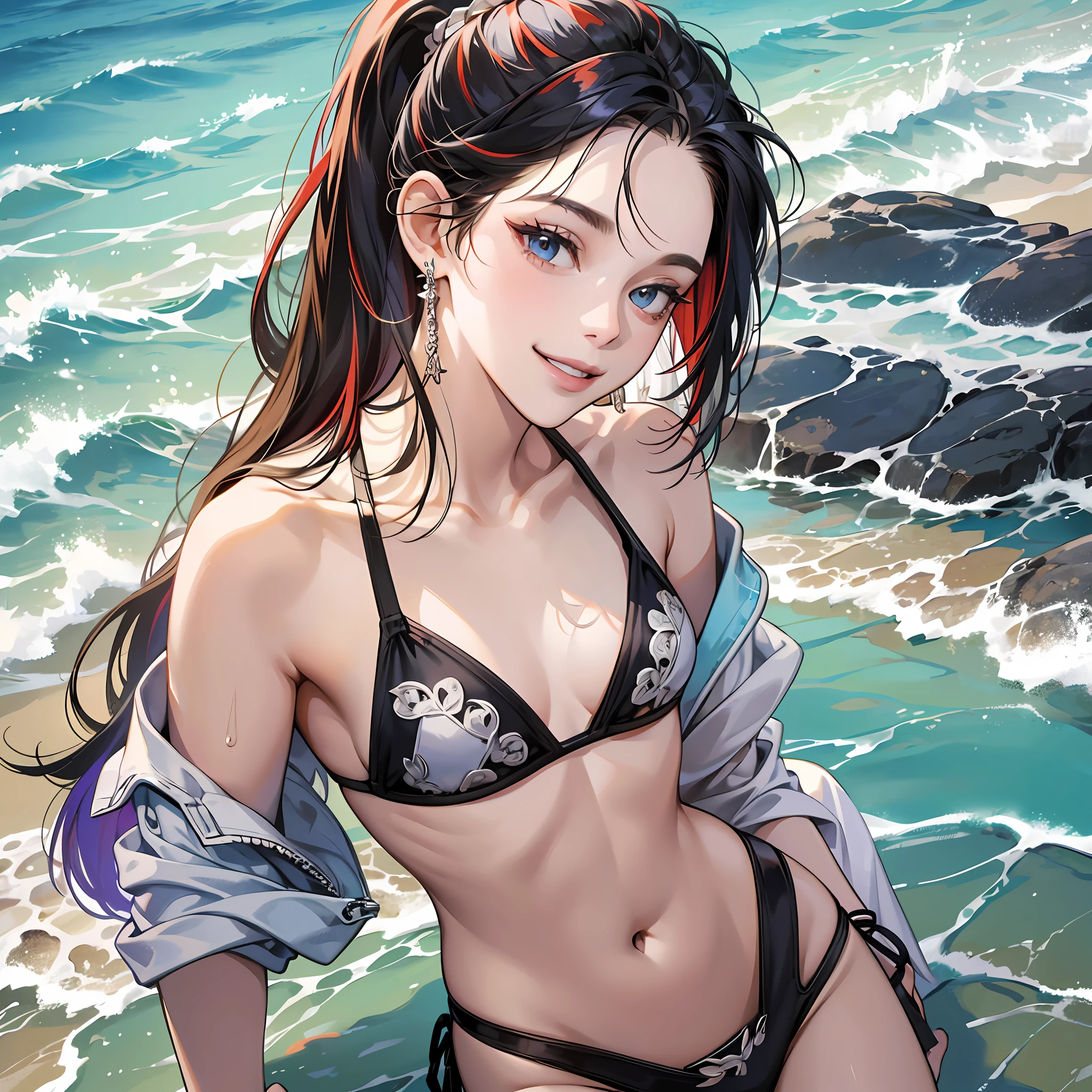 (Masterpiece: 1.5), (Best Quality: 1.5), High Resolution, High Detail, 1 Girl, Solo, Skin Highlight, Sharpen, Clear, straight hair, ponytail, multicolored hair, Jewelry, bracelet, earrings, cowboy shot, pale skin, smile, beach, tiny micro bikini --auto --s2