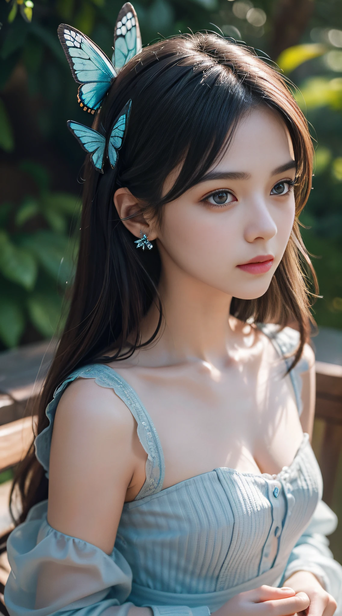 Masterpiece, highest quality, crazy details, exquisite facial portrayal, 8K resolution, delicate face, cute peerless beauty, delicate and transparent eyes, upper body, (brilliant light and shadow), soft focus, real shadow, 8K HD, upper body close-up, depth of field, ultra definition, motion blur, intricate light, blue gradient pupils, gray messy hair, detail light, ray tracing, masterpiece long hair, water mist, light and shadow, aesthetics, details Delicate face, illustration style, strong light tracing, correct proportions, perfect composition, high quality, masterpiece, many details, good atmosphere, refinement, ray tracing, close-up, perfect composition, infinite detail, high quality, rich details, gorgeous purity , blue princess dress, hair with butterfly decoration around the ears