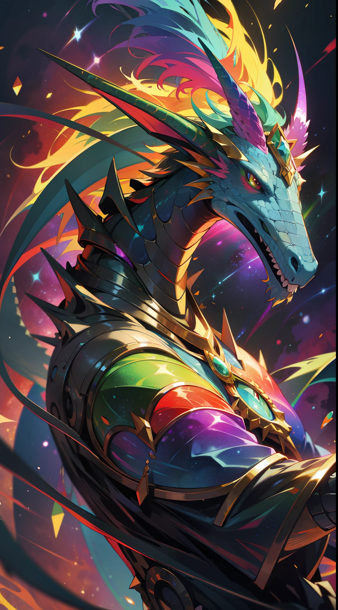 a rainbow colored dragon with rainbow teal armor, rainbow colored cosmic nebula background, stars, galaxies