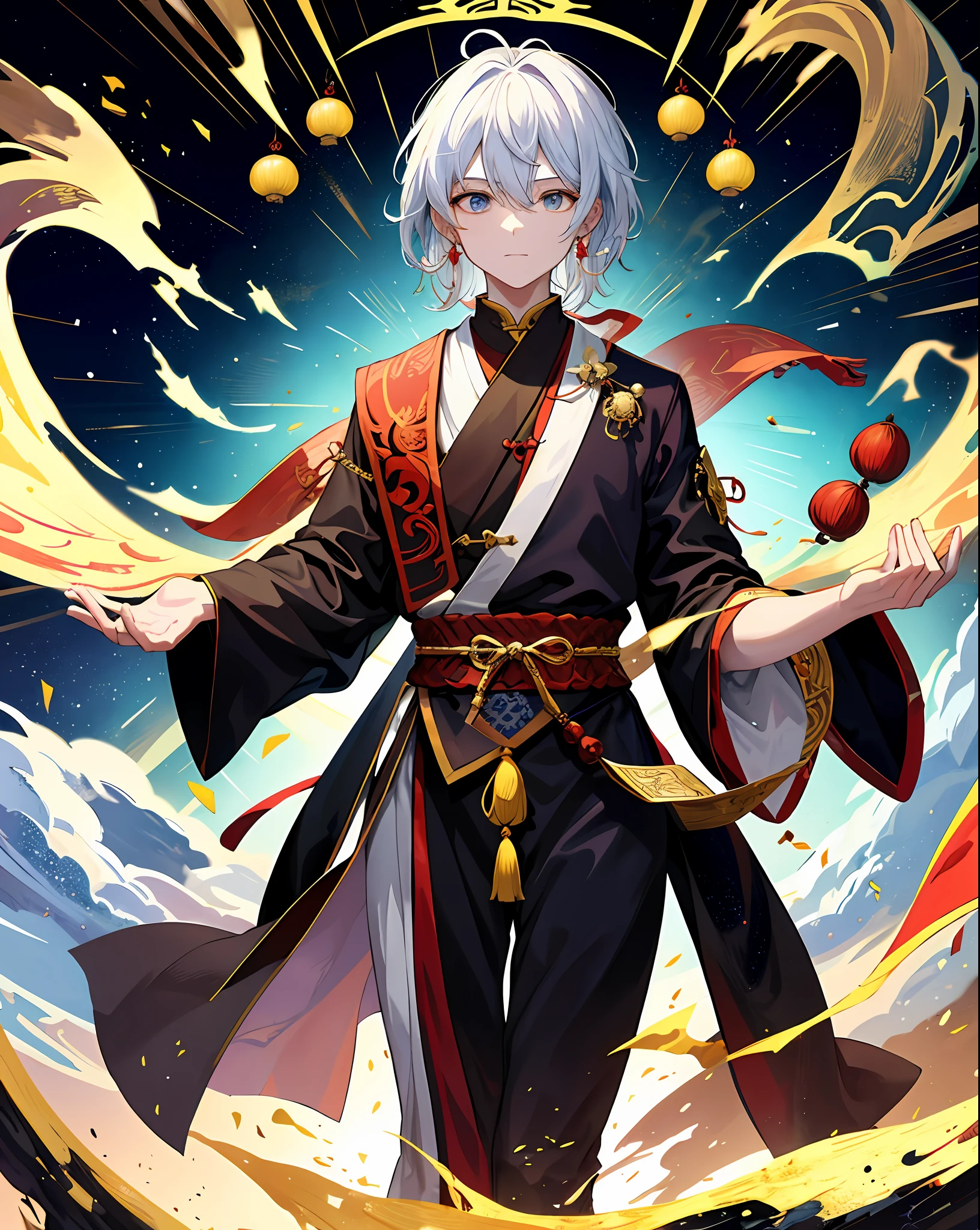 A man, wearing a Taoist robe, stood in the sky, looking very cool, full of mystery and magic. His face was grim, his eyes were deep, and he held a jade stone in his hand, as if he was casting some kind of spell. The surrounding sky is a deep blue, creating an atmosphere of mystery, sacredness and solemnity.

Taoist priests were considered a mysterious being in ancient China, and they excelled at using charms and spells to ward off evil spirits, heal diseases and strengthen the body, and predict good luck. The man's robe is decorated with many mysterious symbols and motifs, suggesting the power and mystery of his spells.

This artwork conveys a sense of mystery and magic in Chinese culture. The viewer can feel the mystery of the Taoist priest from the man's demeanor and the symbols on the Taoist robe, and imagine the mystery of his spells. The background of the sky enhances the mystery and sacredness of the painting. The whole picture creates a mysterious, sacred and solemn atmosphere, allowing people to feel the unique charm of ancient Chinese culture.