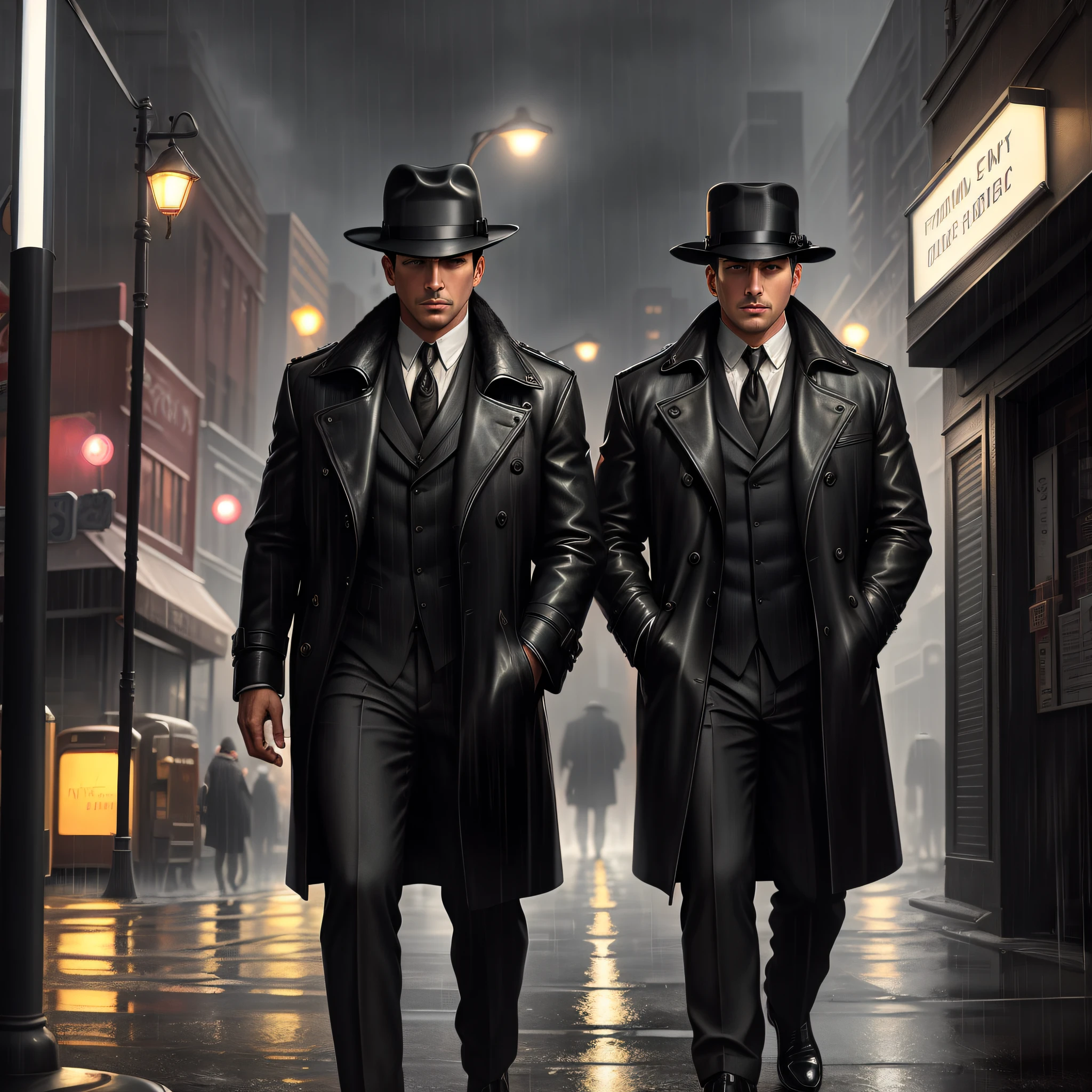 (furry detective masterpiece, best quality: 1.2), ultra-detailed face, (soft colors: 1.2, dark studio, rim lighting, two-tone lighting, dim light, low tone, ), ((heavy rain weather)), long leather raincoat, a poster for a \(style\) of the 1930s, noir detective film, (noir atmosphere:1), dark atmosphere, city night street, emphasis on noir colors, New York in the 1930s, Intricate, dramatic and photorealistic painting art by Midjourney and Greg Rutkowski, Color Field painting, Social realism, Futurism, from outside, cinematic lighting, high details, high quality, super detail