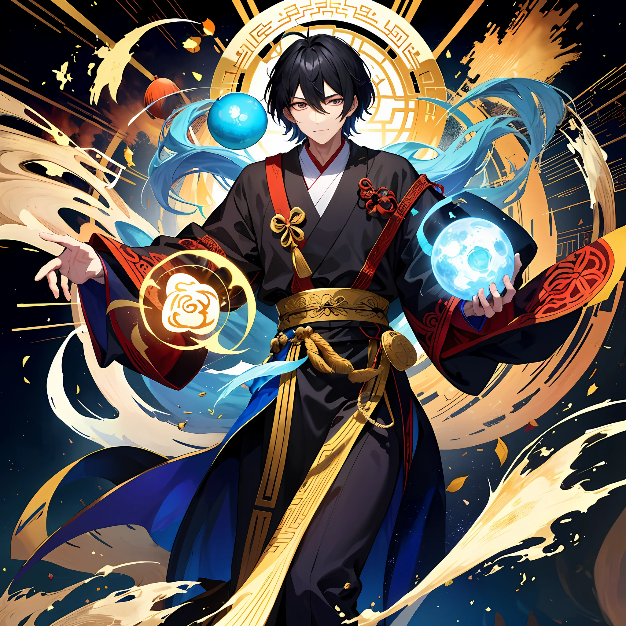 A man, wearing a Taoist robe, stood in the sky, looking very cool, full of mystery and magic. His face was grim, his eyes were deep, and he held a jade stone in his hand, as if he was casting some kind of spell. The surrounding sky is a deep blue, creating an atmosphere of mystery, sacredness and solemnity.
Taoist priests were considered a mysterious being in ancient China, and they excelled at using charms and spells to ward off evil spirits, heal diseases and strengthen the body, and predict good luck. The man's robe is decorated with many mysterious symbols and motifs, suggesting the power and mystery of his spells.
This artwork conveys a sense of mystery and magic in Chinese culture. The viewer can feel the mystery of the Taoist priest from the man's demeanor and the symbols on the Taoist robe, and imagine the mystery of his spells. The background of the sky enhances the mystery and sacredness of the painting. The whole picture creates a mysterious, sacred and solemn atmosphere, allowing people to feel the unique charm of ancient Chinese culture.