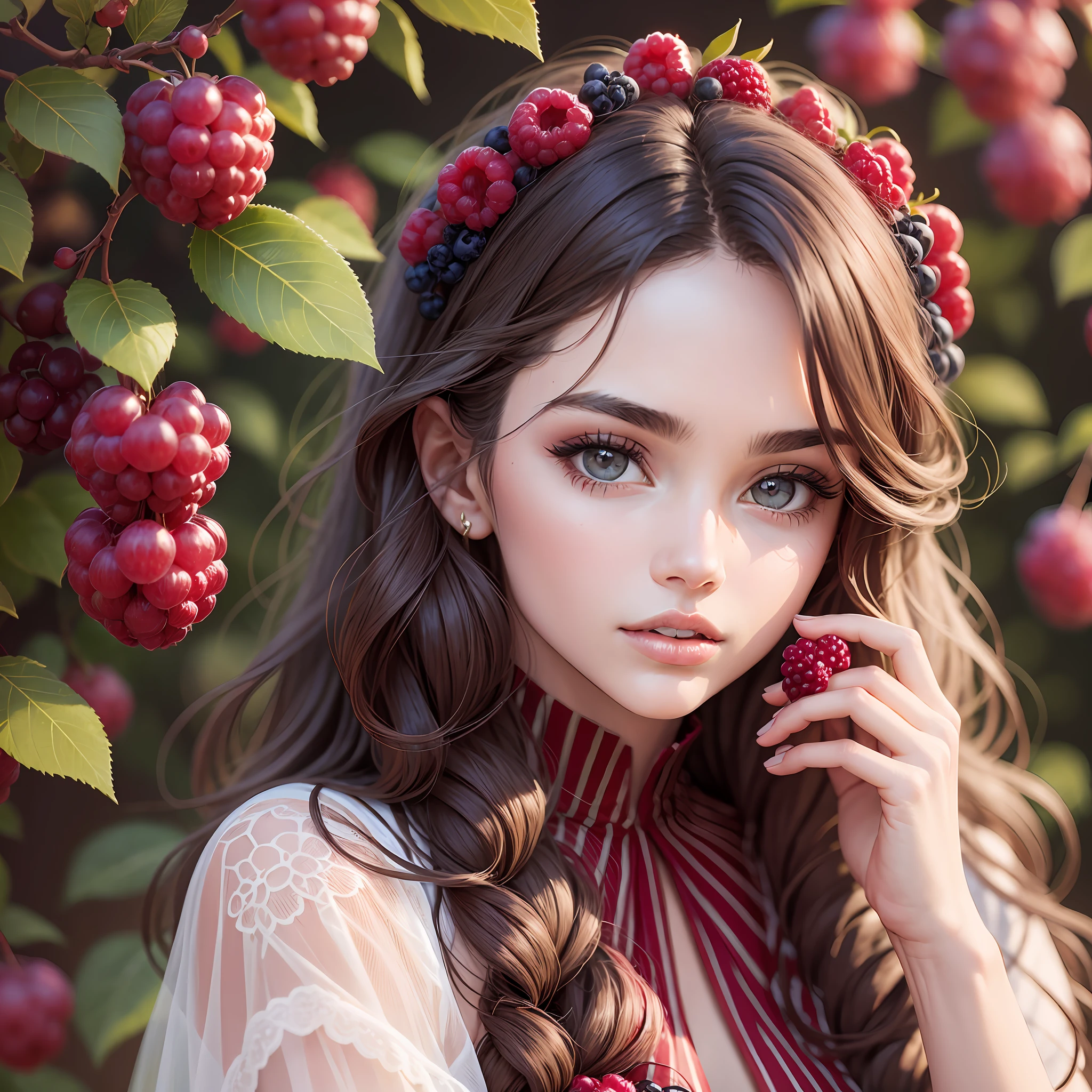 vogue model poses for a photo shoot themed "berry". Berries are the most important thing of the photo --auto --s2