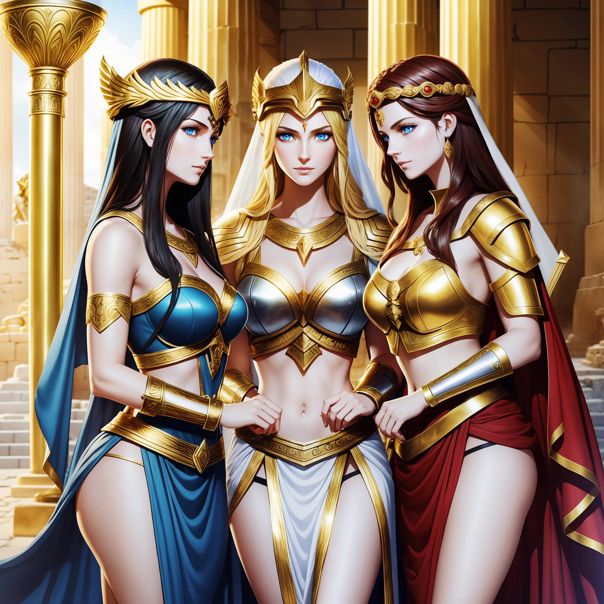 (three goddesses) are chatting happily in an ancient Greek temple, {the center is goddess of wilderness and hunting, with (((blond hair))) and (((blue eyes))), is fair-skinned, is tall and slender, has a pair of perfect long legs, wears white (very short: 1.5) tunic and golden circlet}, {the right is goddess of war and wisdom, with ((black hair)) and ((gray eyes)), is fair-skinned, is tall, wears ((golden armor and helmet))}, {the left is goddess of hearth and fire, with ((dark red hair)) and ((dark red eyes)), is fair-skinned, wears white robe and veil}, Greek mythology, mythological atmosphere, photorealistic, super high quality, super detail, super hand description, masterpiece, 8K, HDR