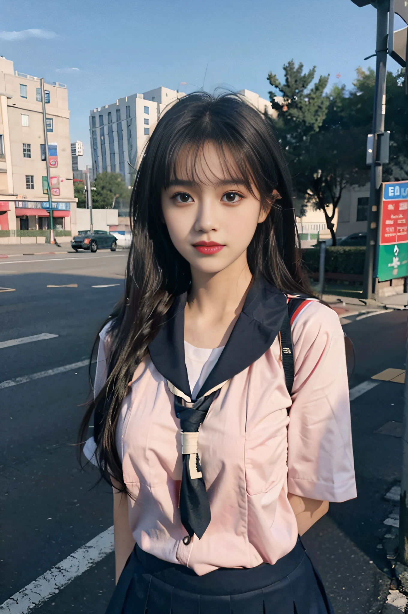 8k resolution), (RAW photo), (best quality), (masterpiece:1.5), (photorealistic:1.5), (photorealistic)), vibrant detail, ultra-realistic, (cute: 1.2)((school uniform)), (jk)))), road, intersection, big breast, close up