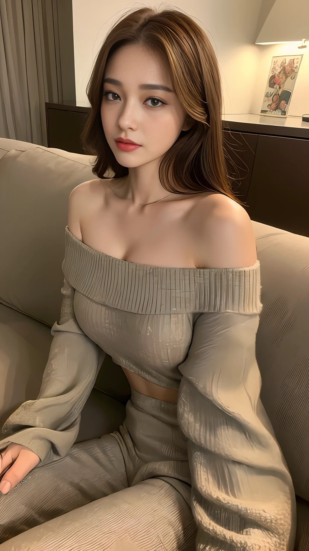 ((Night view, realistic light, best quality, 8k, masterpiece: 1.3)), 1girl, pretty woman with slim figure: 1.4, (brown hair, medium breasts: 1.3), off-the-shoulder cut top: 1.3, sofa, super detailed face, detailed eyes, double eyelids