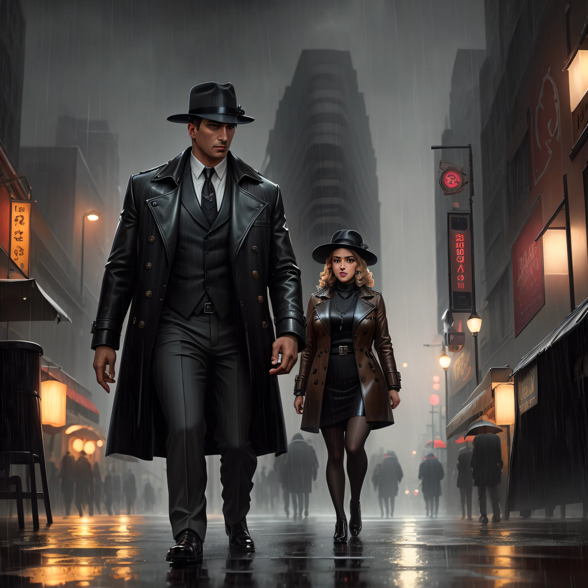 (furry detective masterpiece, best quality: 1.2), ultra-detailed face, (soft colors: 1.2, dark studio, rim lighting, two-tone lighting, dim light, low tone, ), ((heavy rain weather)), long leather raincoat, a poster for a \(style\) of the 1930s, noir detective film, (noir atmosphere:1), dark atmosphere, city night street, emphasis on noir colors, New York in the 1930s, Intricate, dramatic and photorealistic painting art by Midjourney and Greg Rutkowski, High Detail, move chart, Surrealism, Color Field painting, high details, high quality