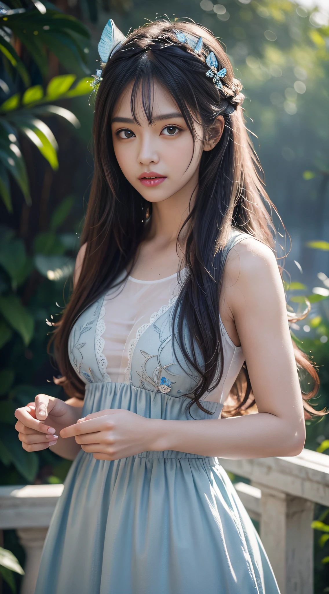 Masterpiece, highest quality, crazy details, exquisite facial portrayal, 8K resolution, delicate face, cute peerless beauty, exquisite and transparent eyes, Upper body close-up, (brilliant light and shadow), soft focus, real shadows, 8K HD, upper body close-up, depth of field, ultra definition, motion blur, intricate light, blue gradient pupils, gray messy hair, detail light, ray tracing, masterpiece long hair, water mist, light and shadow, aesthetics, details Delicate face, illustration style, strong light tracing, correct proportions, Perfect composition, high quality, masterpiece, many details, good atmosphere, refinement, ray tracing, close-up, perfect composition, infinite detail, high quality, rich details, gorgeous purity, blue princess dress, hair with butterfly decoration on the ears