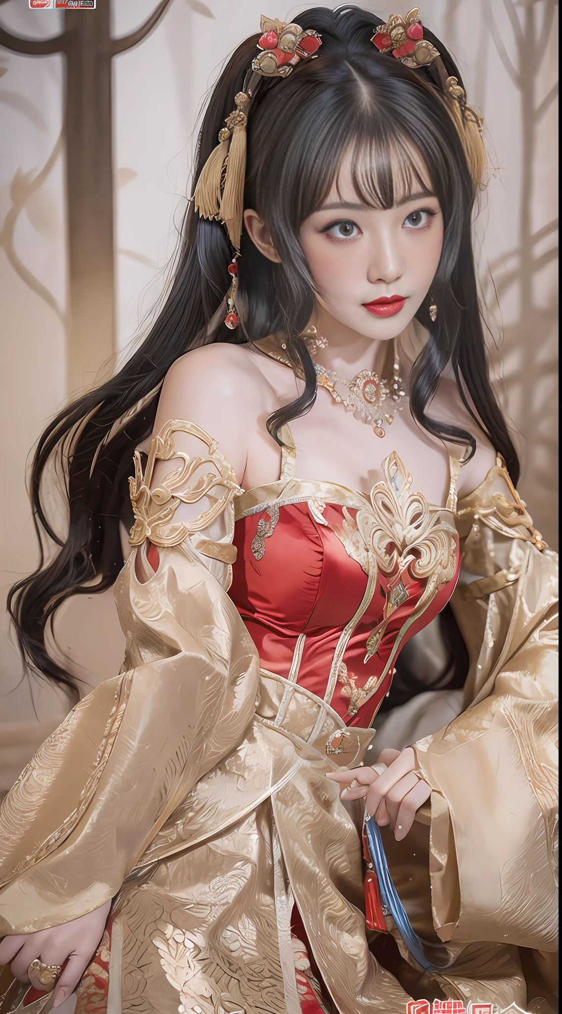 The best depiction of the Chinese Tang Dynasty noble concubine Yang Guifei, with a strong and wonderful figure, just right, wearing gorgeous Tang costumes, conservative Tang Dynasty ladies' clothing