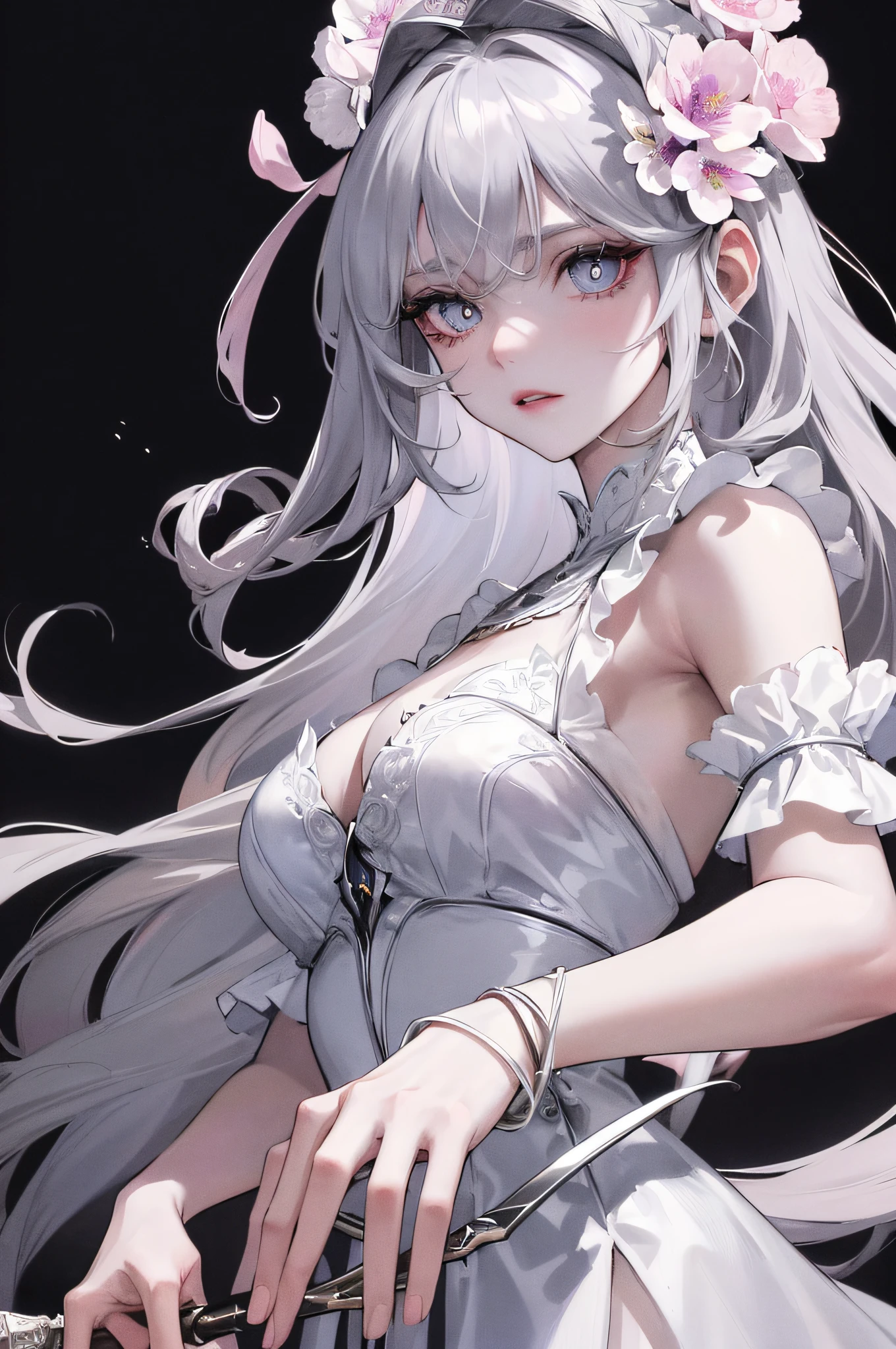 Masterpiece Superb Full Moon Night 1 Girl Mature Woman Sister Royal Sister Cold Face Expressionless Silver-White Long Haired Woman Light Pink Lips Calm and Intellectual Three Banded Gray Pupil Assassin Short Knife, Flower, Hand Details, Facial Details, Delicate Makeup, Gorgeous Dress