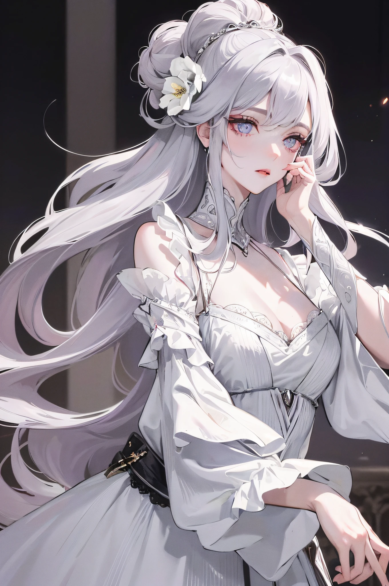 Masterpiece Superb Full Moon Night 1 Girl Mature Woman Sister Royal Sister Cold Face Expressionless Silver-White Long Haired Woman Light Pink Lips Calm and Intellectual Three Banded Gray Pupil Assassin Short Knife, Flower, Hand Details, Facial Details, Delicate Makeup, Gorgeous Dress