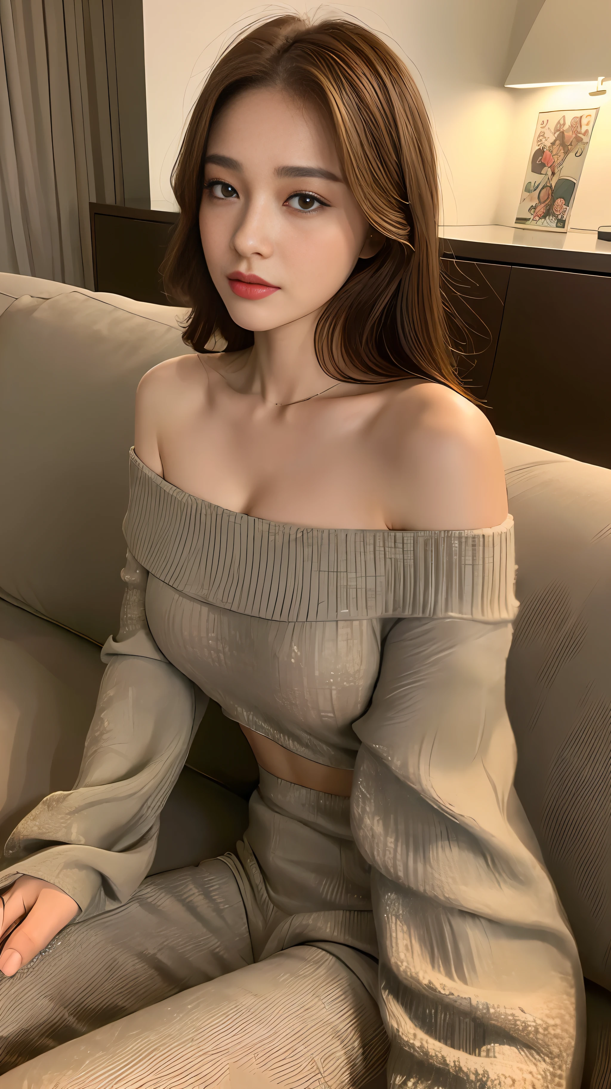 ((Night view, realistic light, best quality, 8k, masterpiece: 1.3)), 1girl, pretty woman with slim figure: 1.4, (brown hair, medium breasts: 1.3), off-the-shoulder cut top: 1.3, sofa, super detailed face, detailed eyes, double eyelids